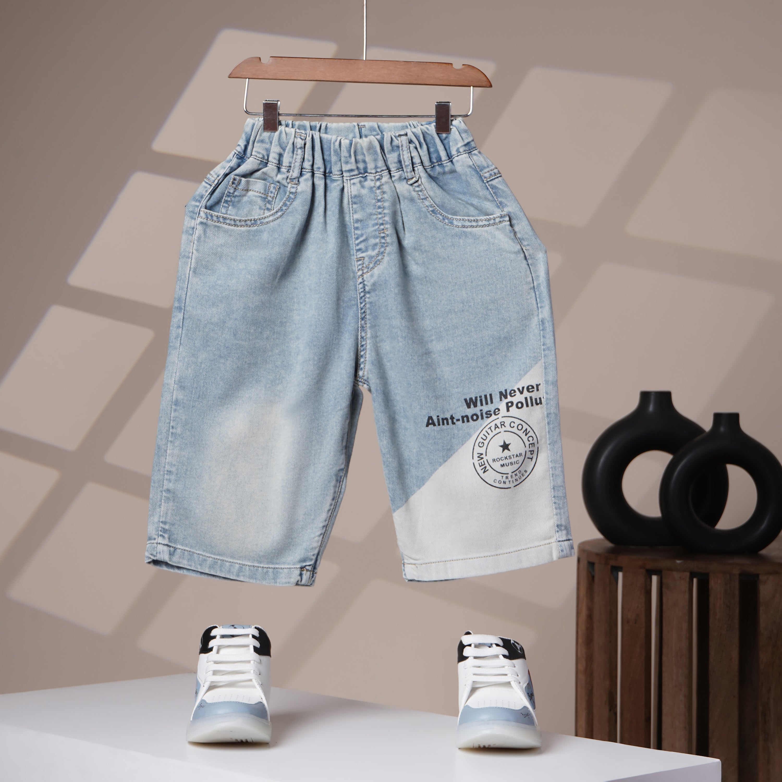 Mom N Genie Boys’ Light Blue Denim Knee-Length Shorts with Printed Design