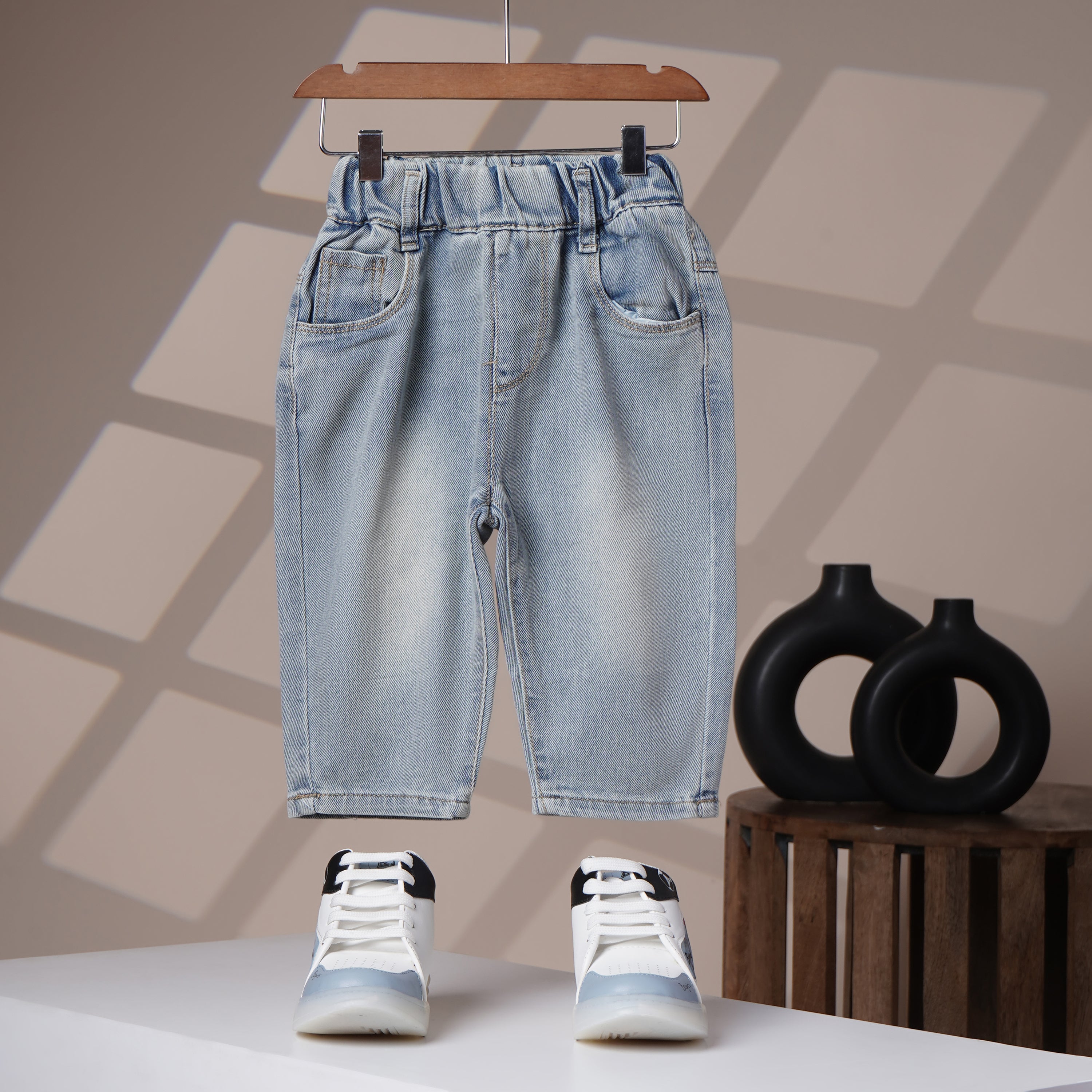 Mom N Genie Kids Light-Wash Denim Jeans with Retro Cartoon Back Patch — Elastic Waist, Casual Fit