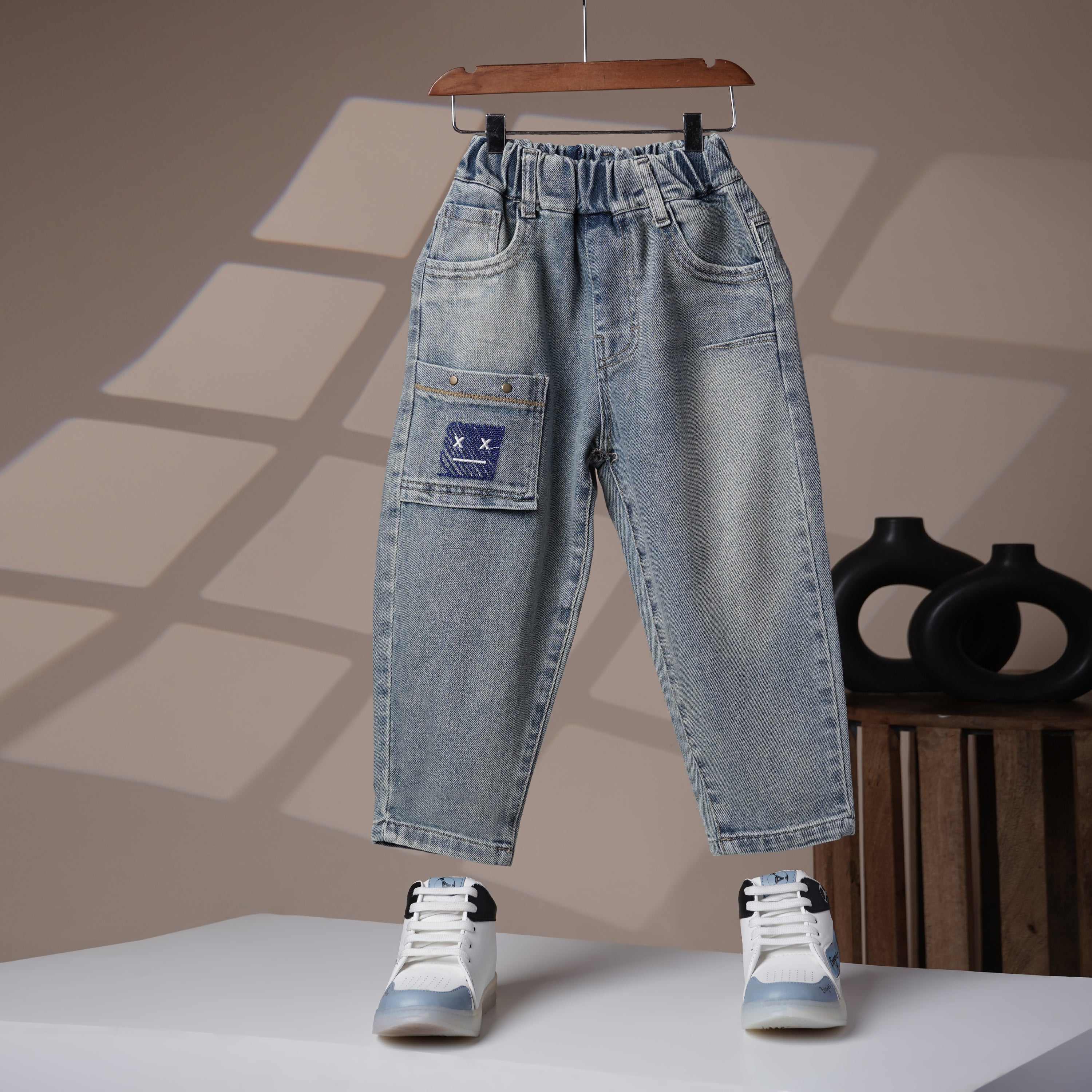 Mom N Genie Kids Light-Wash Denim Pants with Cargo Pocket & Embroidered Patch — Elastic Waist