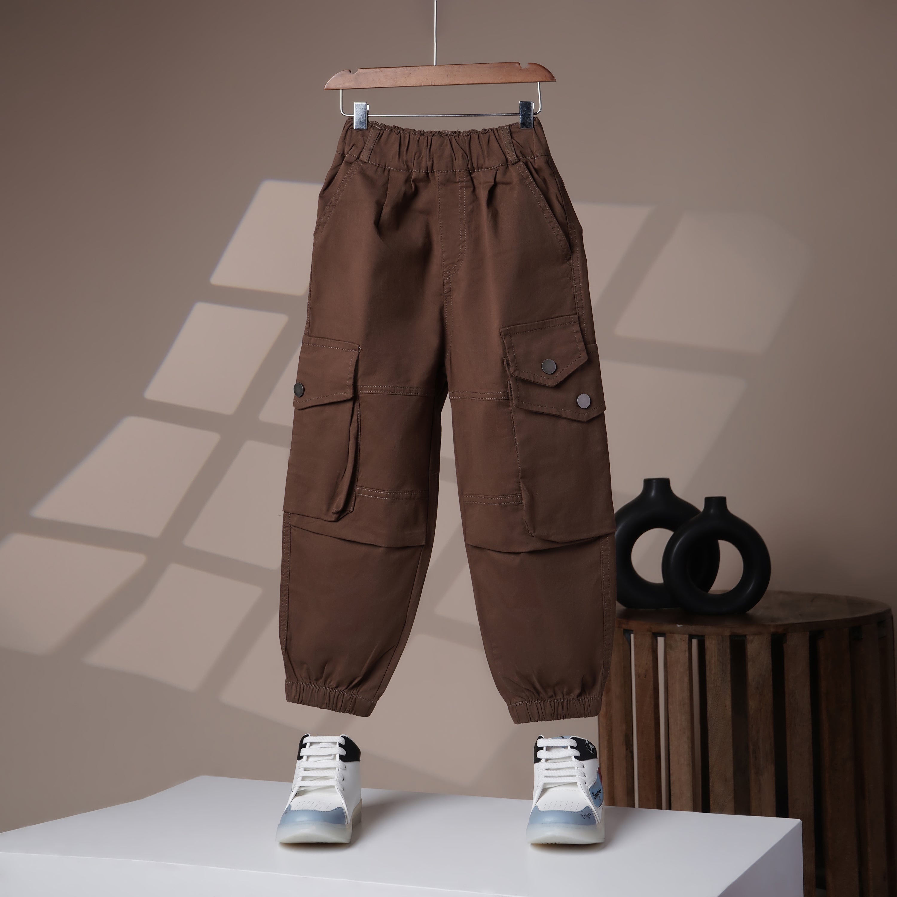 Mom N Genie Kid's Casual Brown Cargo Pants with Elastic Cuffs