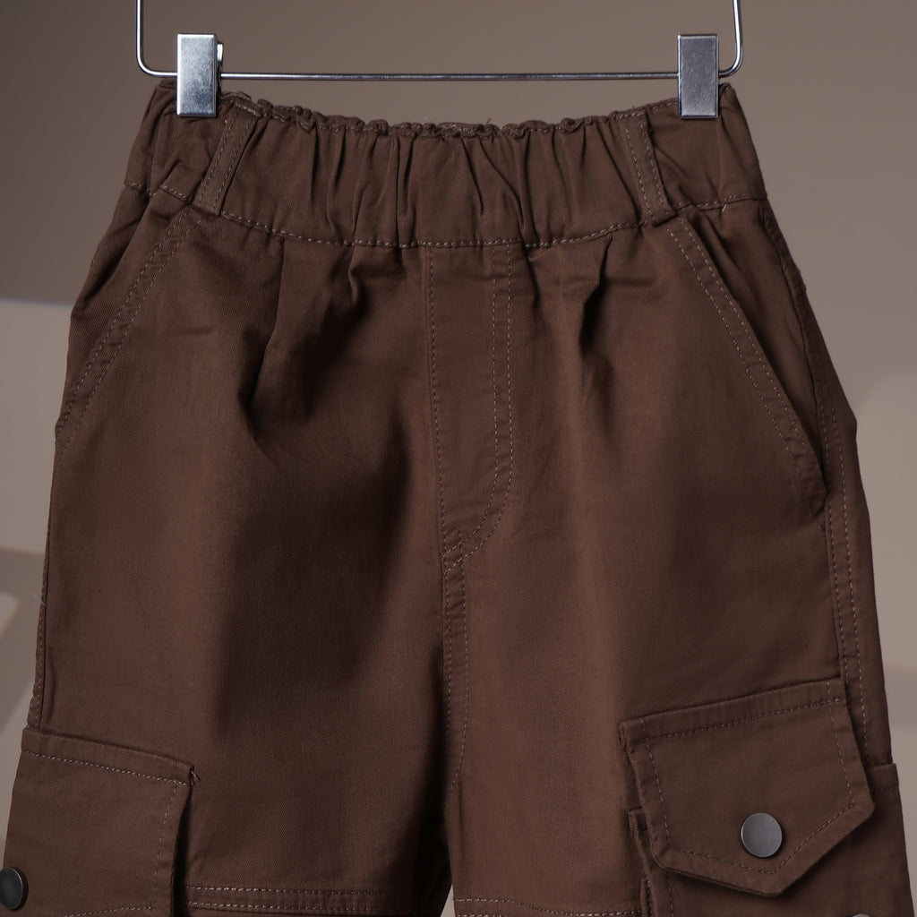 Mom N Genie Kid's Casual Brown Cargo Pants with Elastic Cuffs