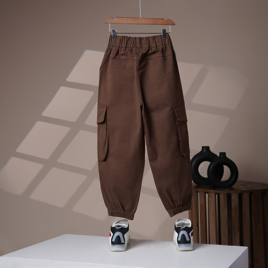 Mom N Genie Kid's Casual Brown Cargo Pants with Elastic Cuffs