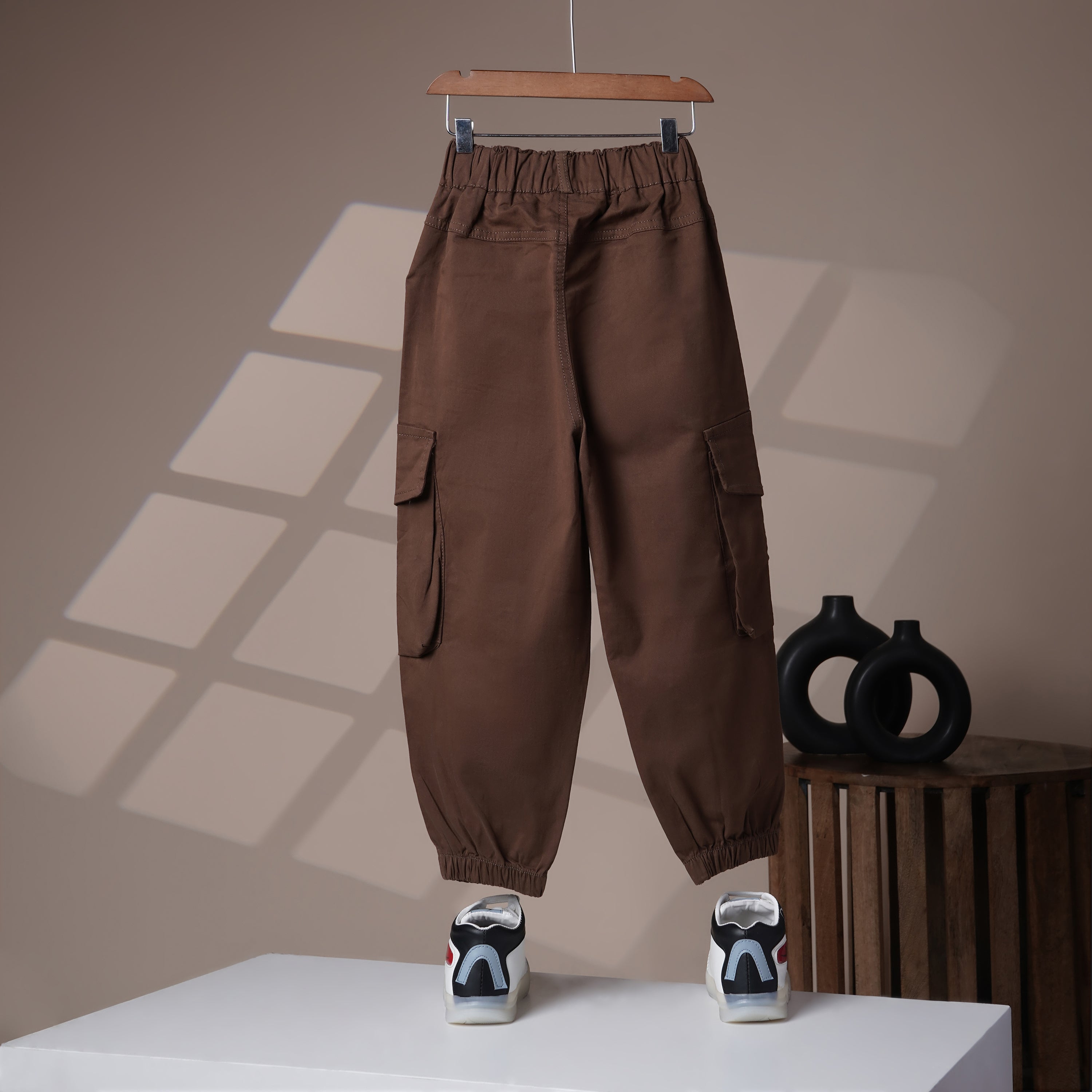 Mom N Genie Kid's Casual Brown Cargo Pants with Elastic Cuffs