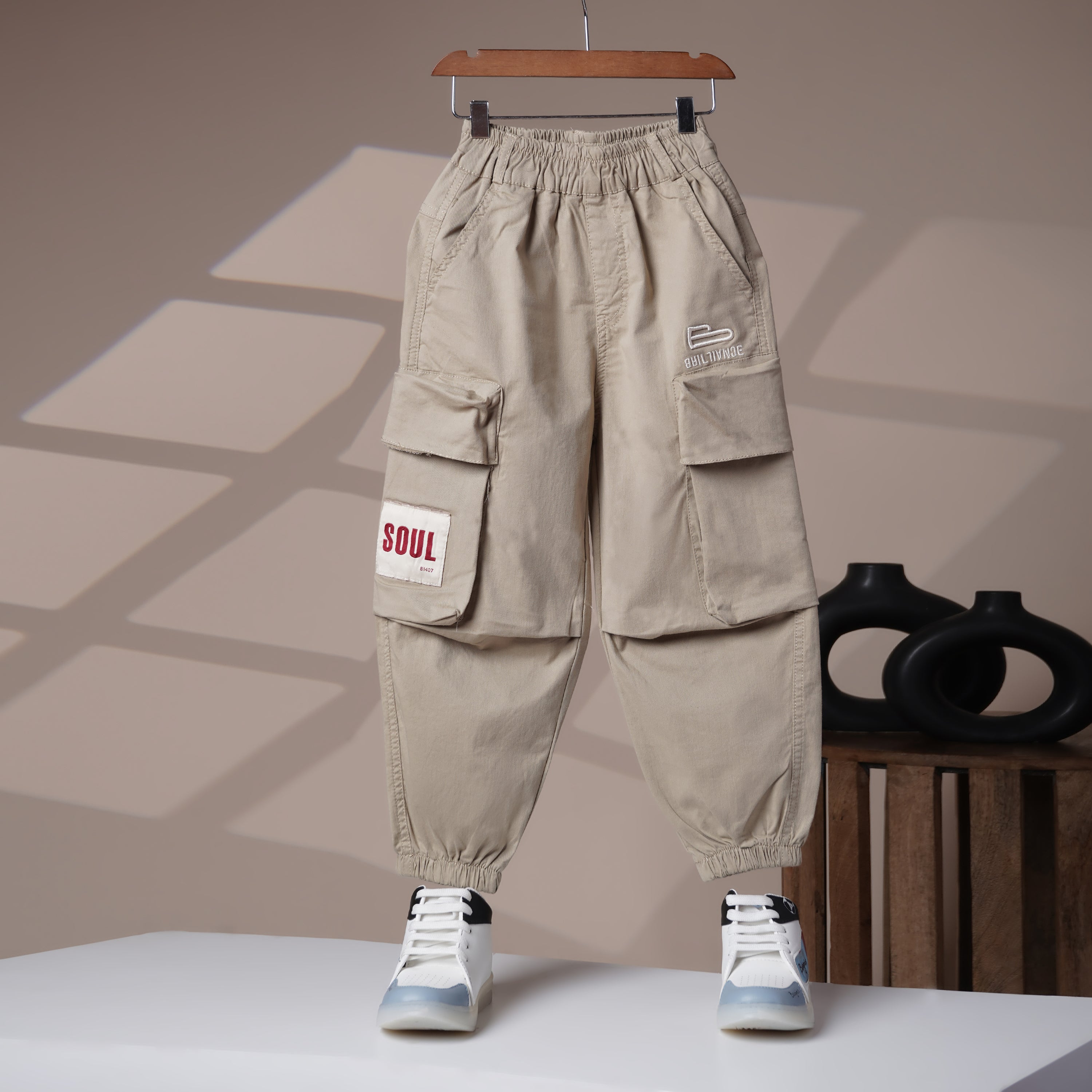 Mom N Genie Kids Beige Cargo Jogger Pants — Elastic Waist, Multi-Pocket Utility Style