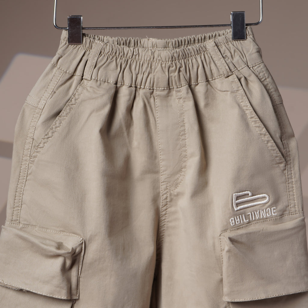 Mom N Genie Kids Beige Cargo Jogger Pants — Elastic Waist, Multi-Pocket Utility Style