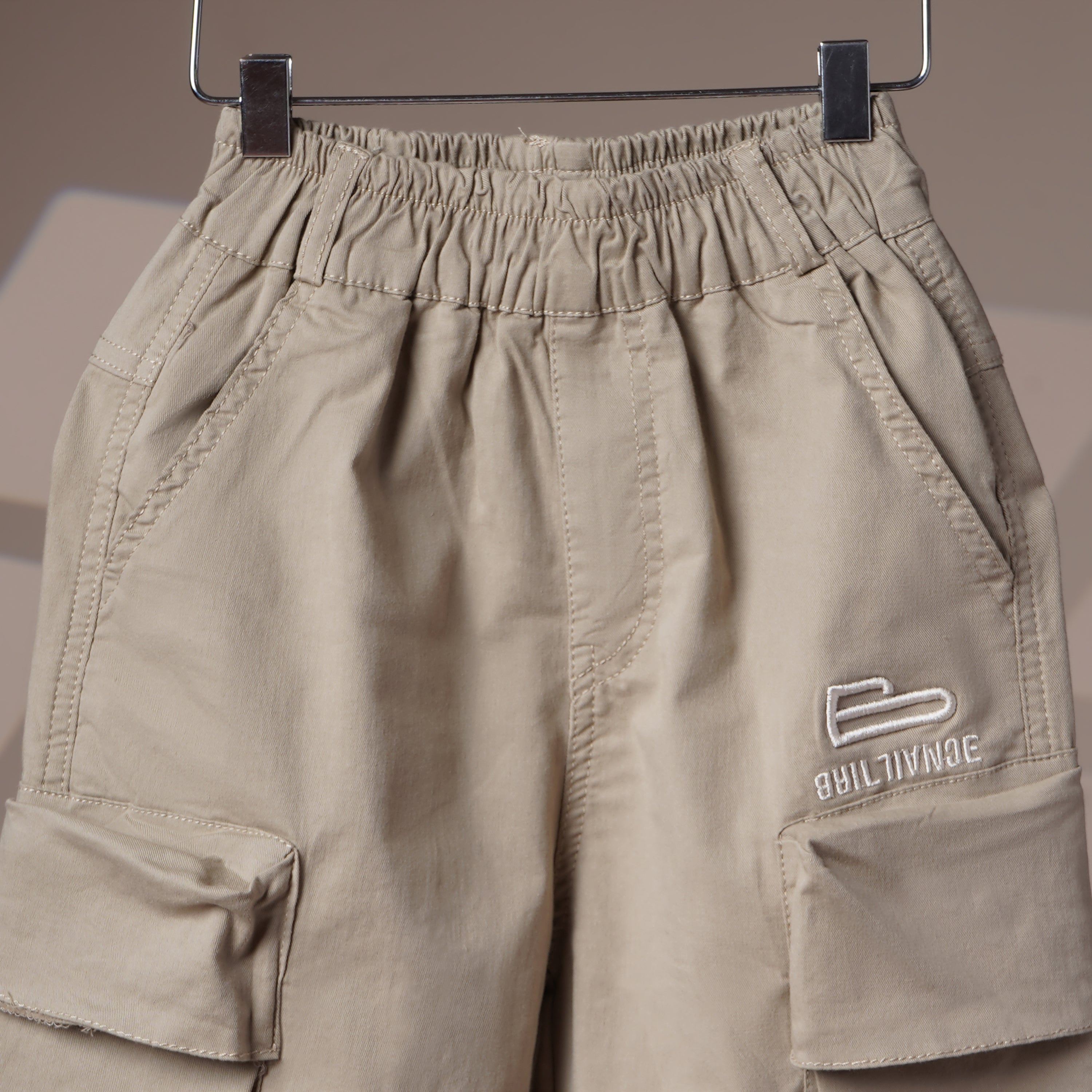 Mom N Genie Kids Beige Cargo Jogger Pants — Elastic Waist, Multi-Pocket Utility Style