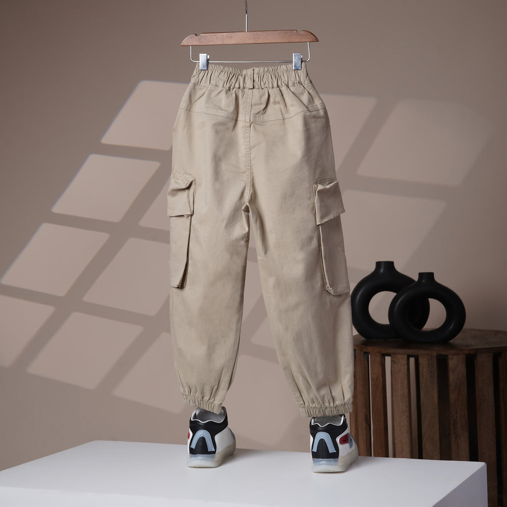 Mom N Genie Kids Beige Cargo Jogger Pants — Elastic Waist, Multi-Pocket Utility Style
