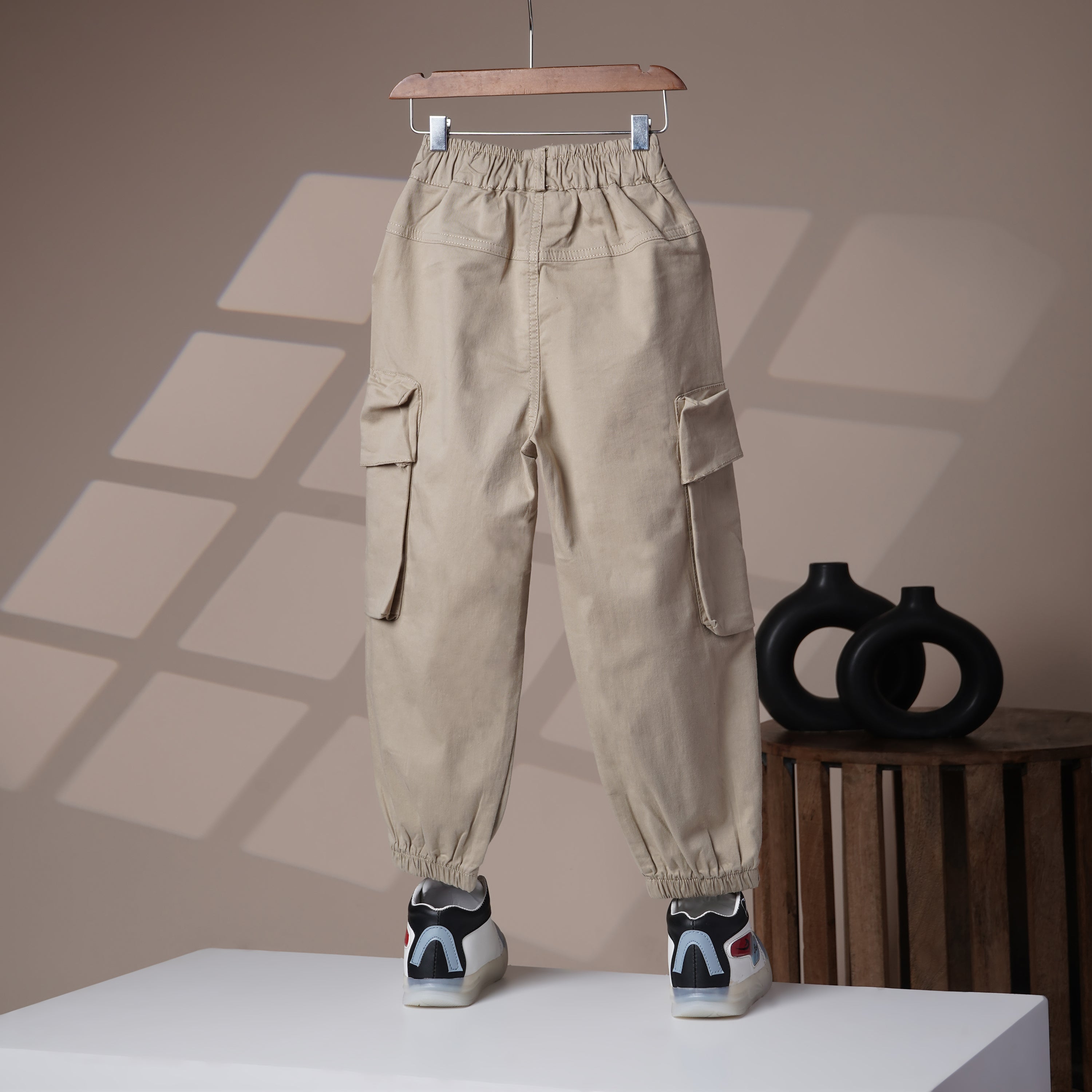 Mom N Genie Kids Beige Cargo Jogger Pants — Elastic Waist, Multi-Pocket Utility Style