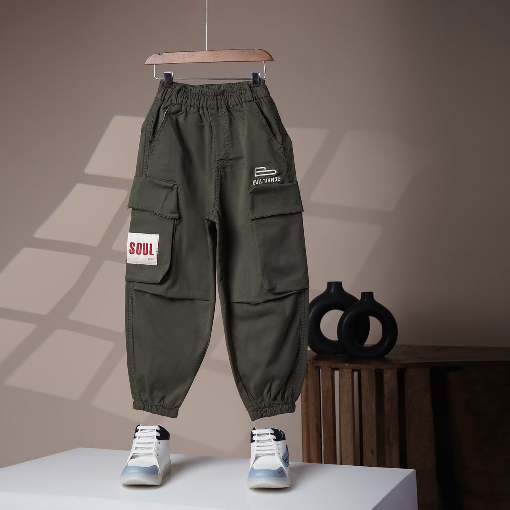 Mom N Genie Boys Green Jogger Trousers with Elastic Waist & Utility Pockets