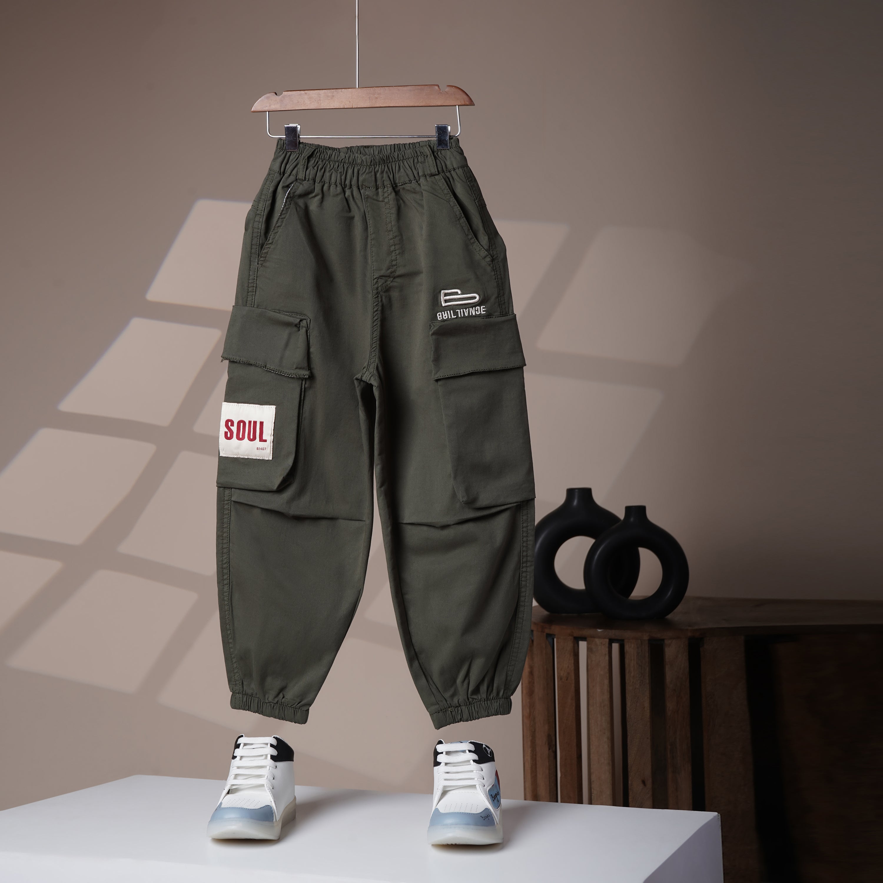 Mom N Genie Boys Green Jogger Trousers with Elastic Waist & Utility Pockets