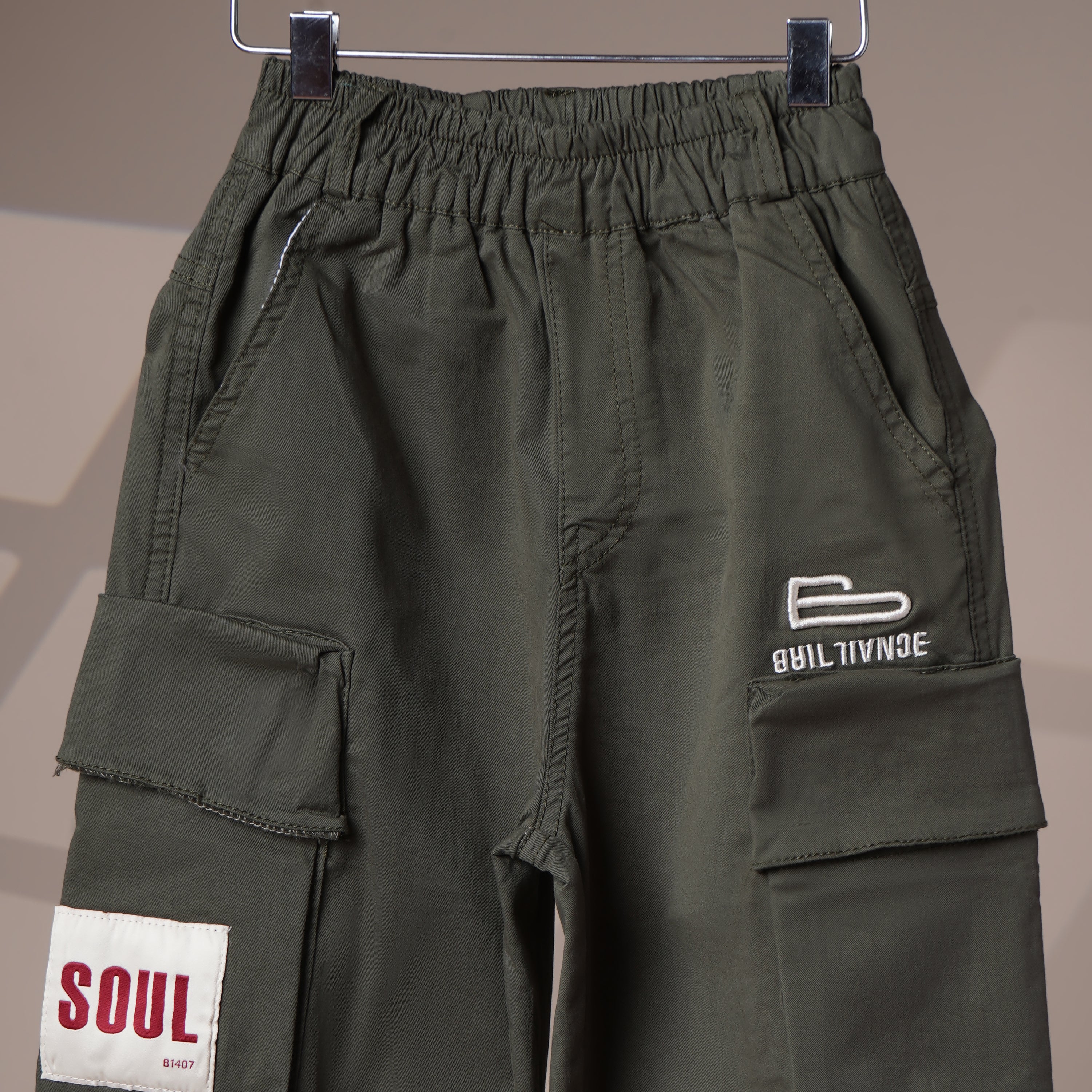 Mom N Genie Boys Green Jogger Trousers with Elastic Waist & Utility Pockets