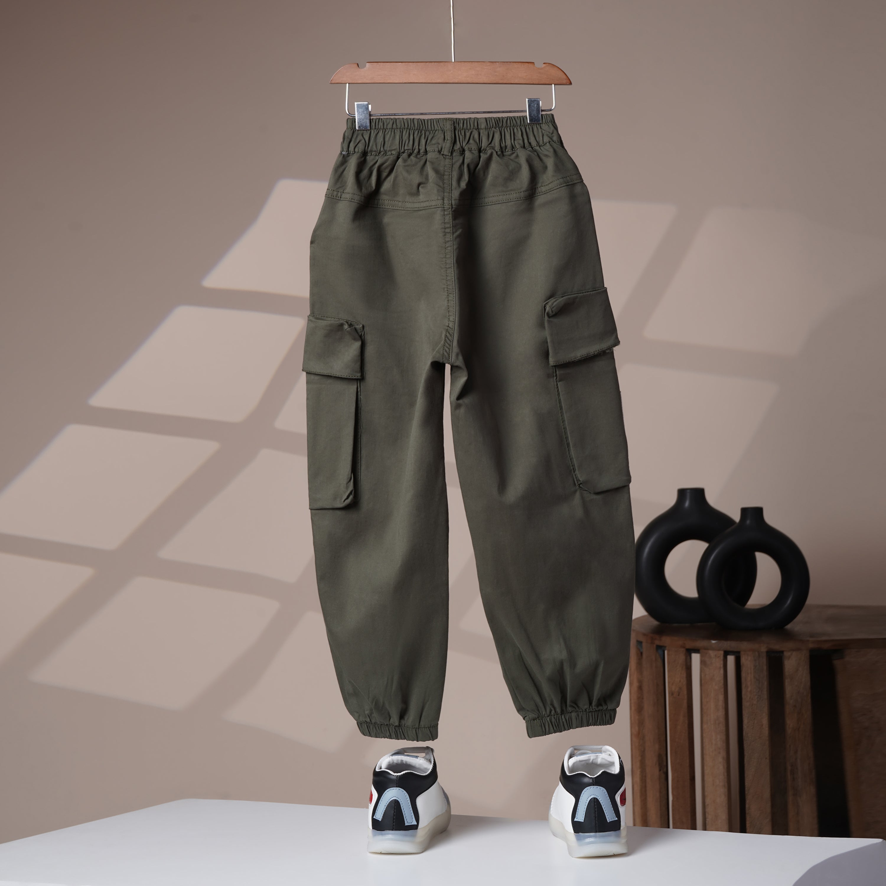 Mom N Genie Boys Green Jogger Trousers with Elastic Waist & Utility Pockets