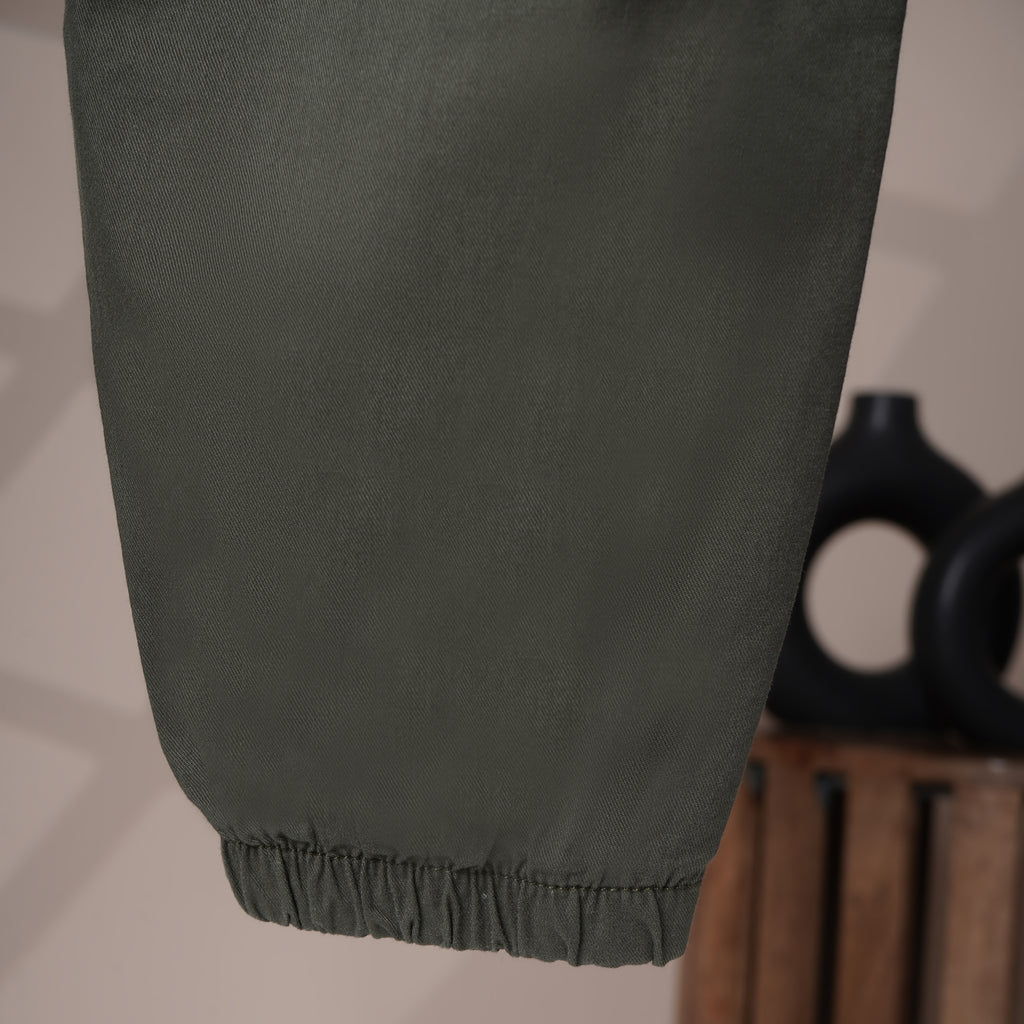 Mom N Genie Boys Green Jogger Trousers with Elastic Waist & Utility Pockets