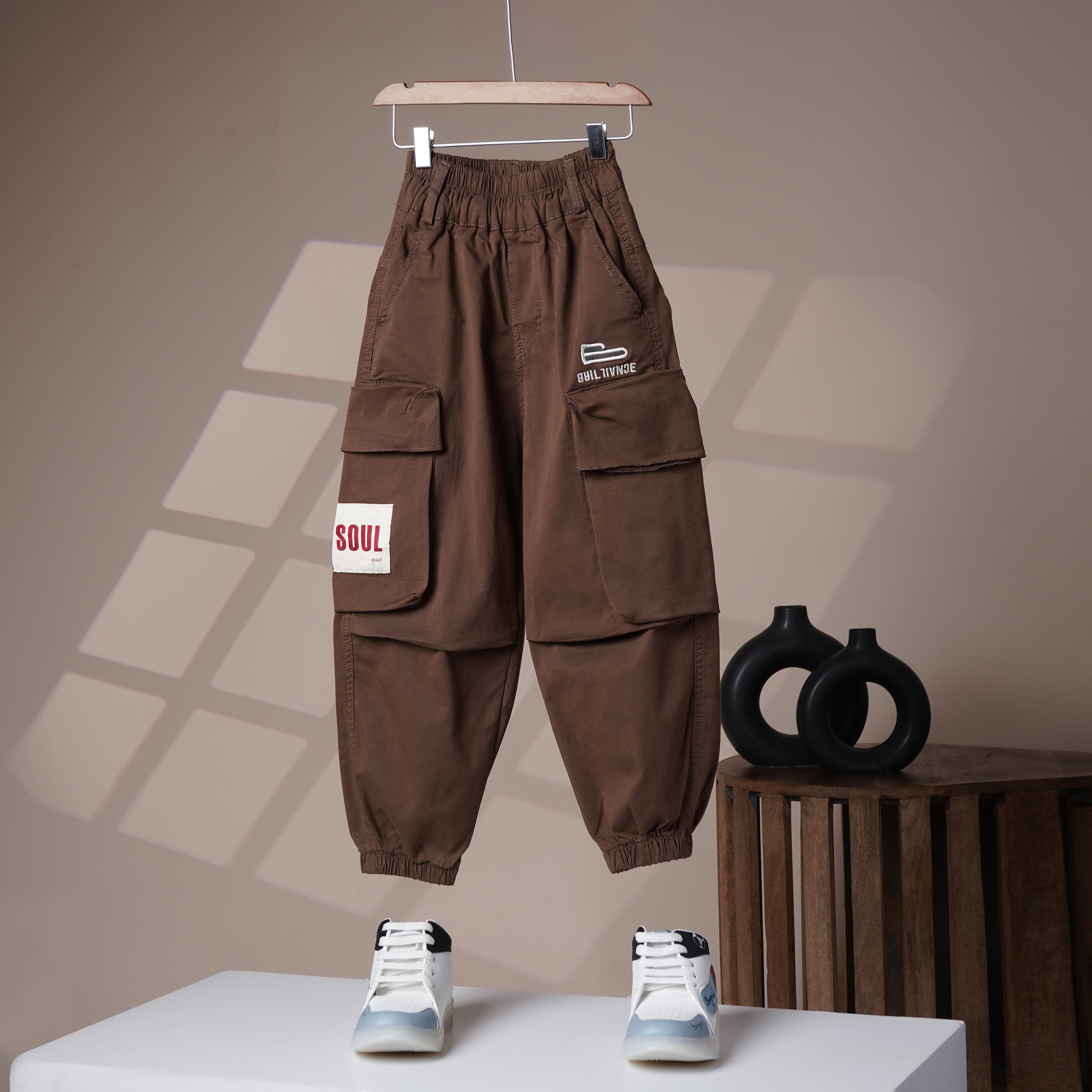 Mom N Genie Boys Brown Jogger Trousers with Elastic Waist & Utility Pockets
