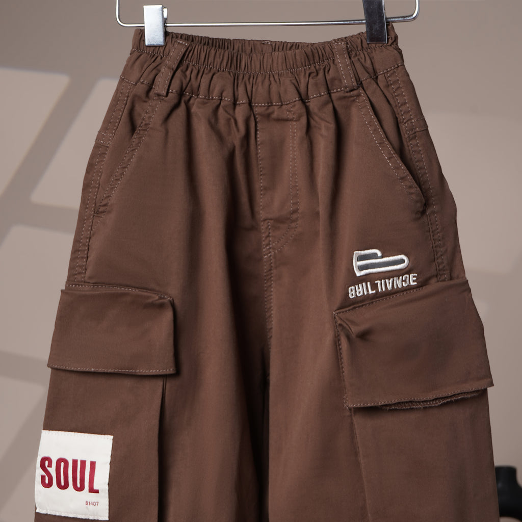 Mom N Genie Boys Brown Jogger Trousers with Elastic Waist & Utility Pockets