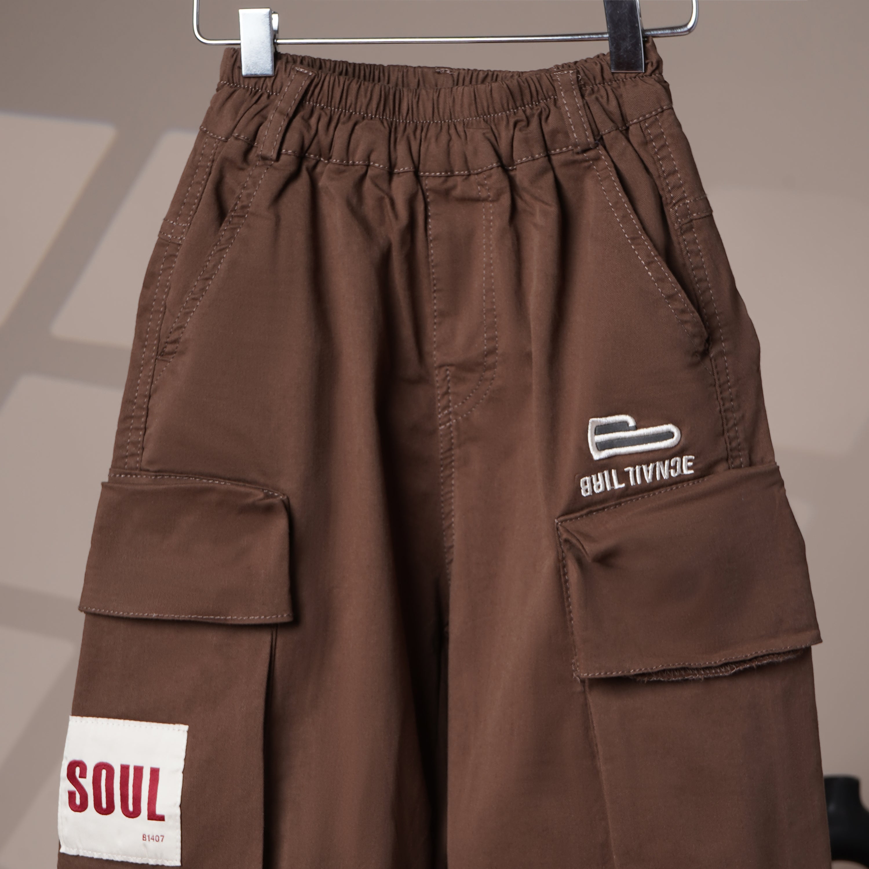 Mom N Genie Boys Brown Jogger Trousers with Elastic Waist & Utility Pockets