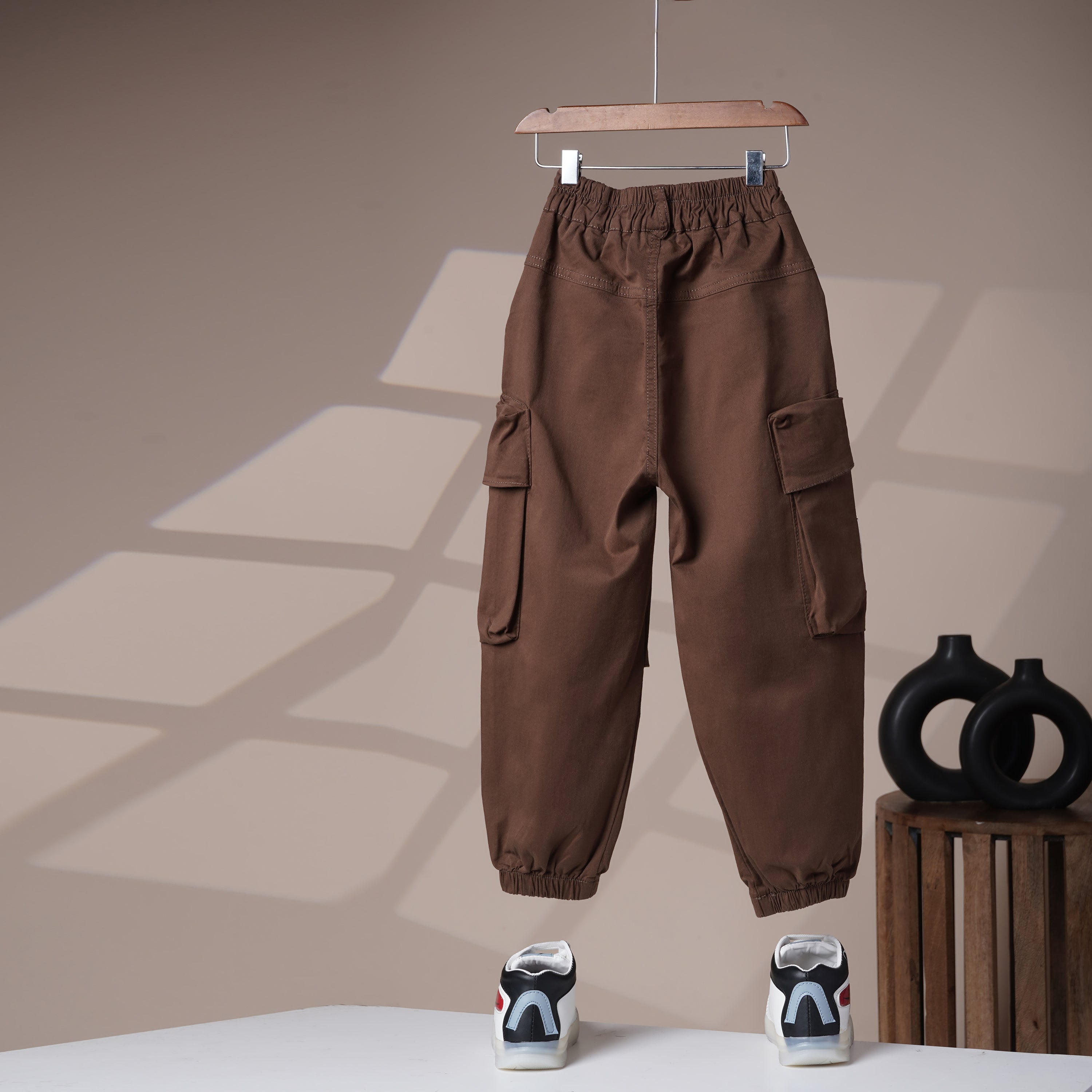 Mom N Genie Boys Brown Jogger Trousers with Elastic Waist & Utility Pockets