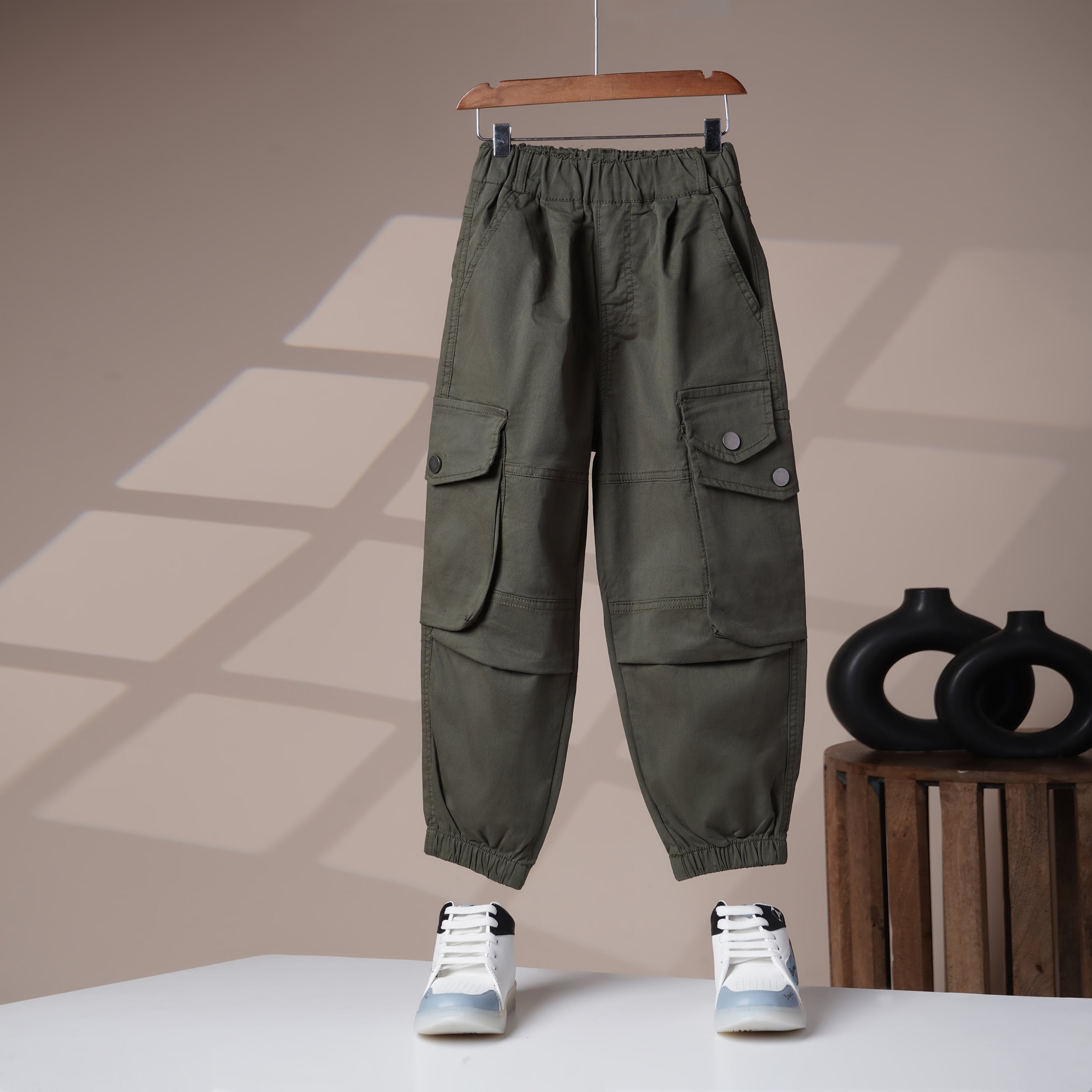 Mom N Genie Kid's Casual Green Cargo Pants with Elastic Cuffs