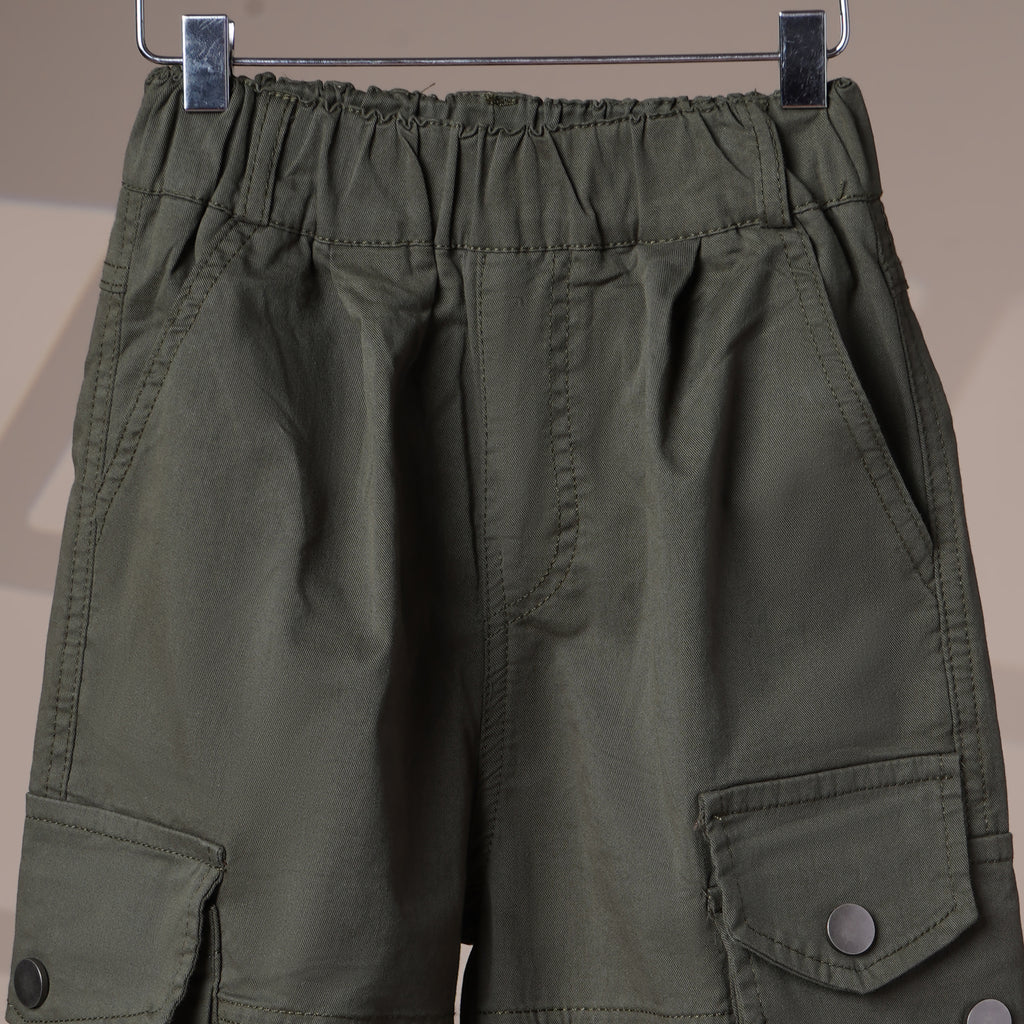 Mom N Genie Kid's Casual Green Cargo Pants with Elastic Cuffs