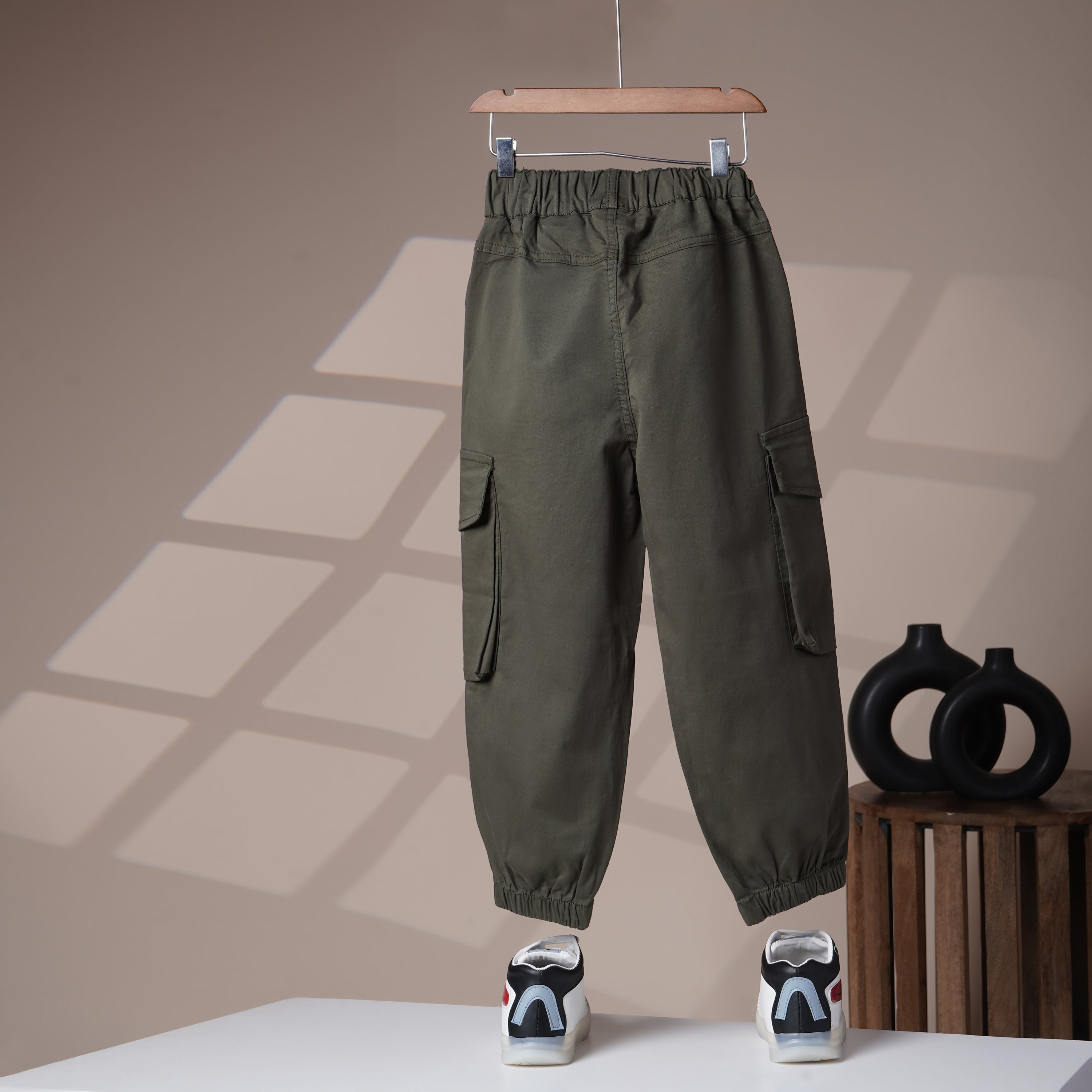Mom N Genie Kid's Casual Green Cargo Pants with Elastic Cuffs