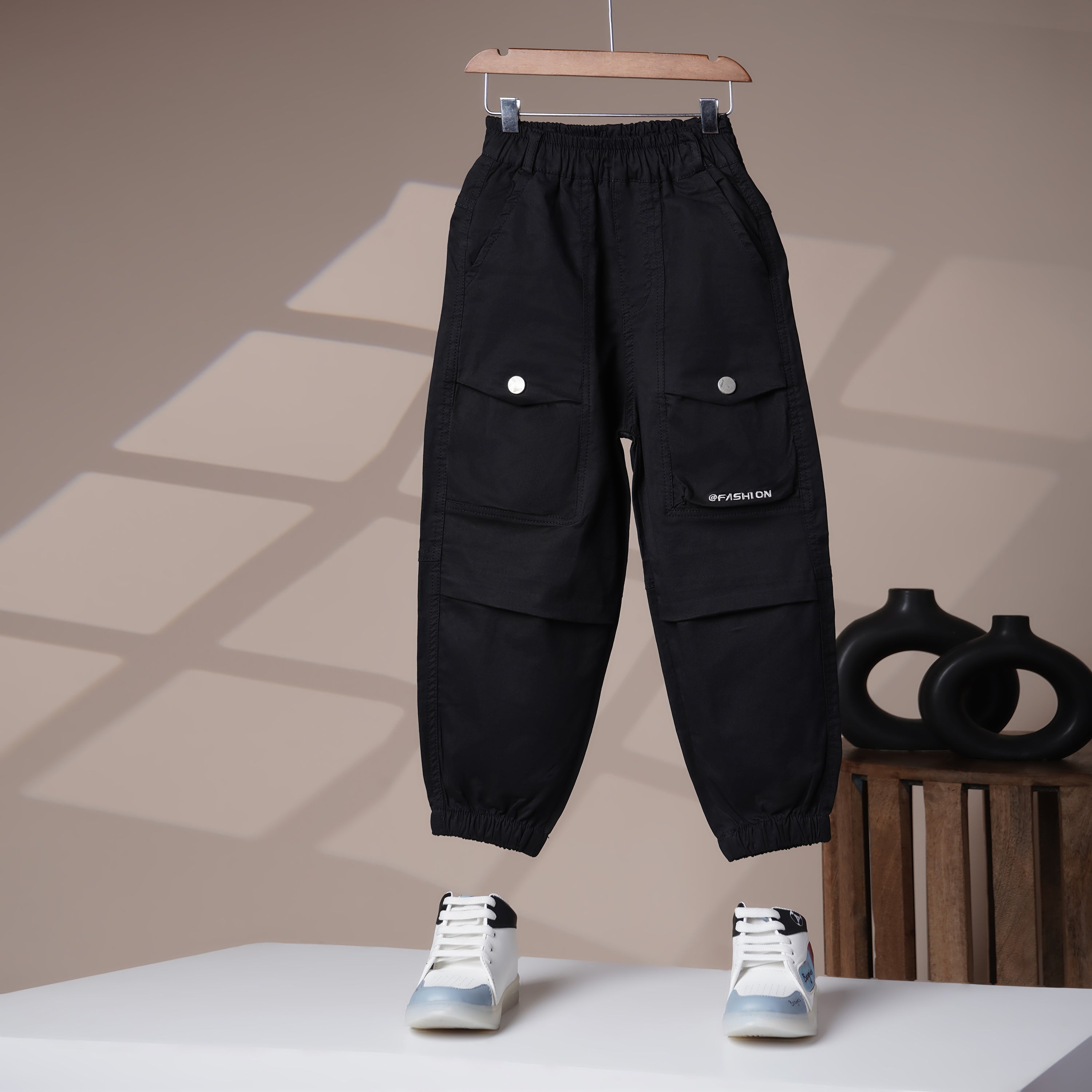 Mom N Genie Boys Black Stylish Streetwear Trousers with Elastic Waist