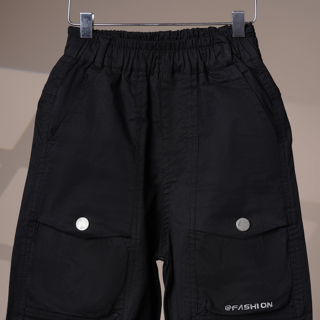 Mom N Genie Boys Black Stylish Streetwear Trousers with Elastic Waist