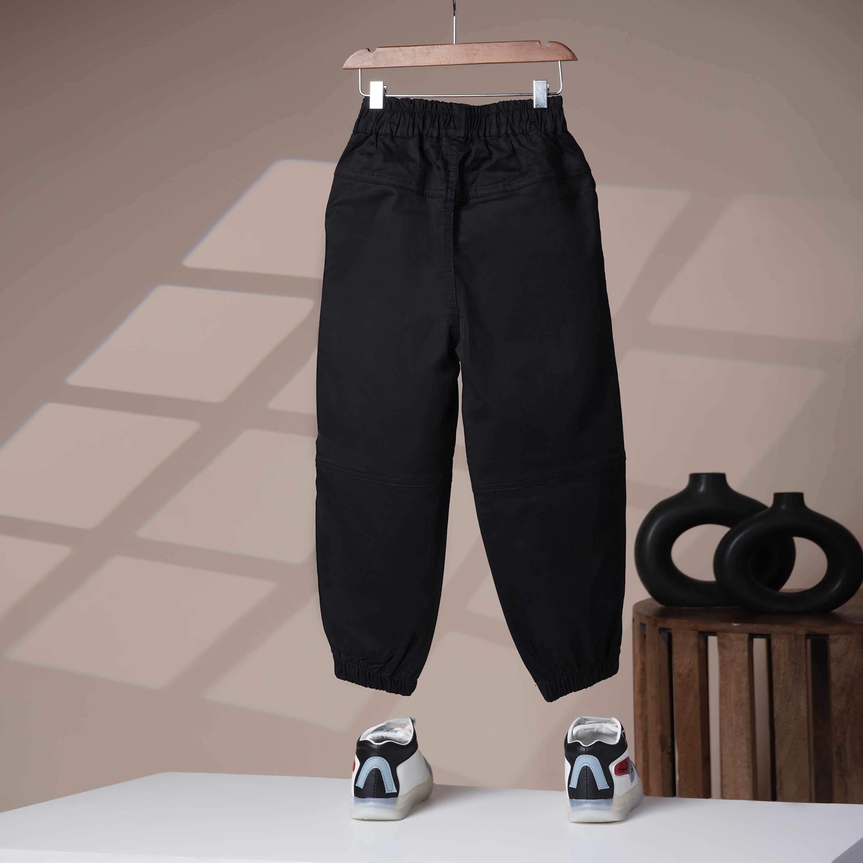 Mom N Genie Boys Black Stylish Streetwear Trousers with Elastic Waist