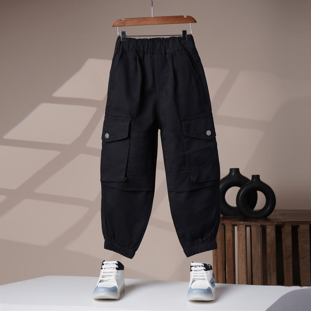 Mom N Genie Kid's Casual Black Cargo Pants with Elastic Cuffs