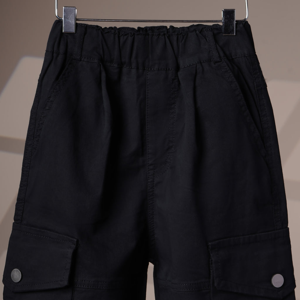 Mom N Genie Kid's Casual Black Cargo Pants with Elastic Cuffs