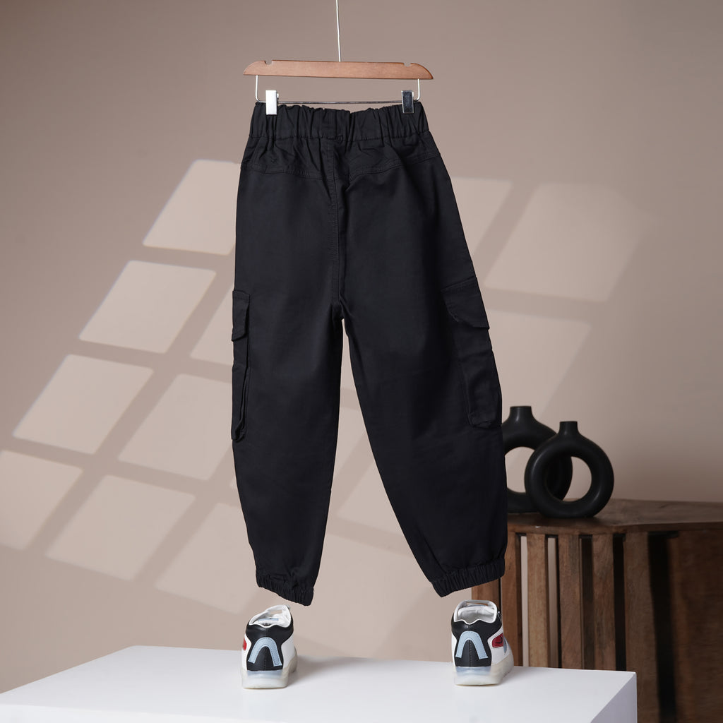 Mom N Genie Kid's Casual Black Cargo Pants with Elastic Cuffs