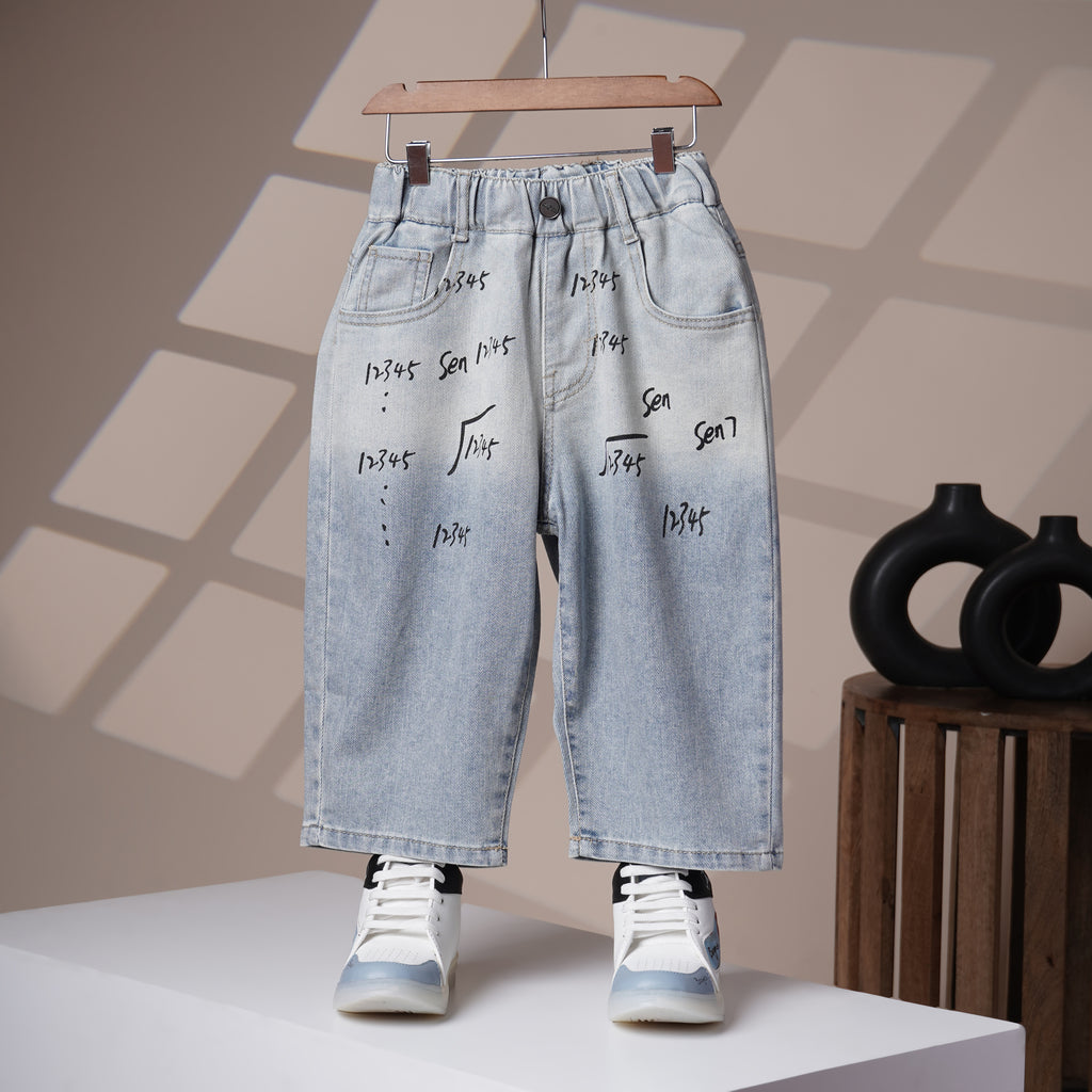 Mom N Genie Light Wash Denim Jeans with Abstract Math-Inspired Print