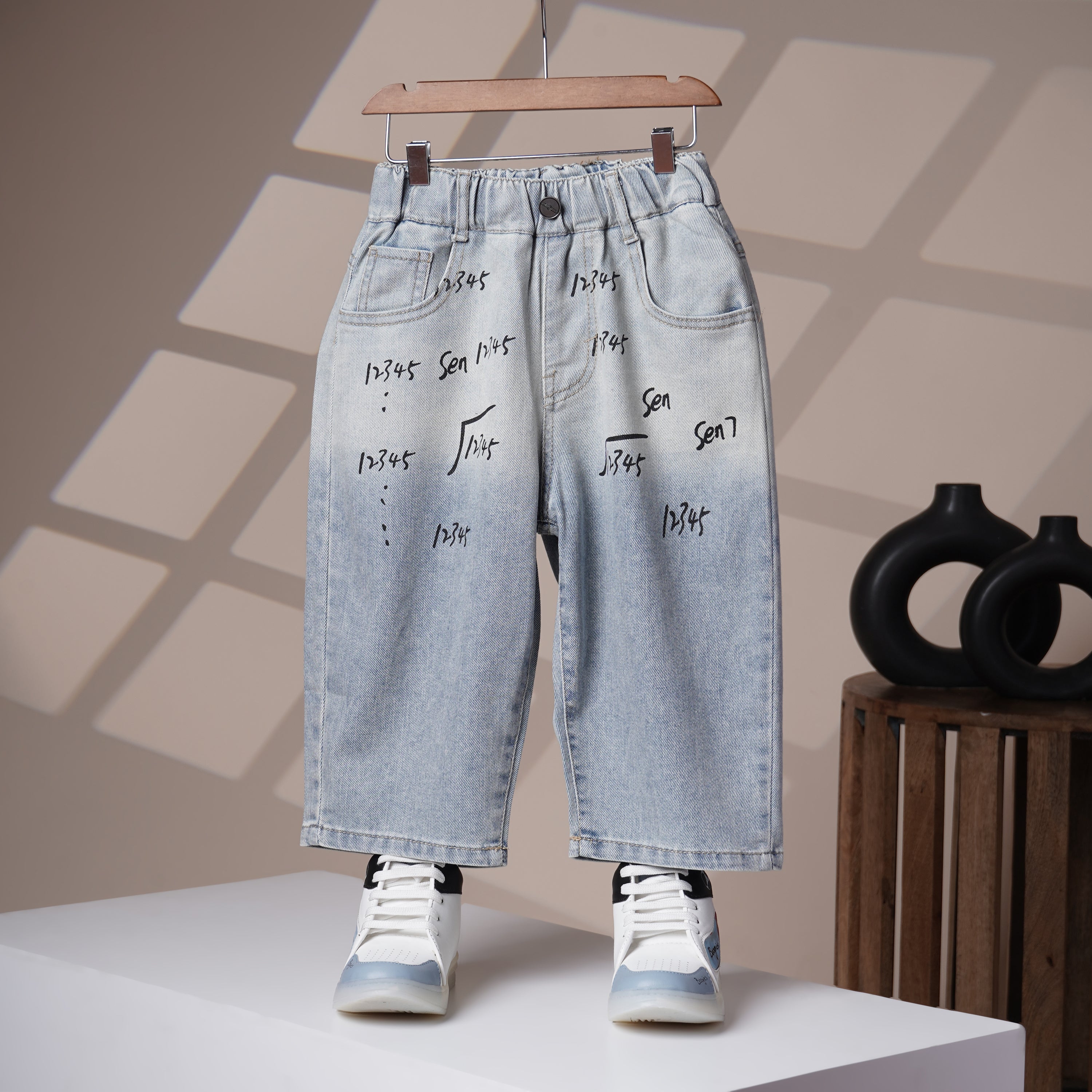 Mom N Genie Light Wash Denim Jeans with Abstract Math-Inspired Print