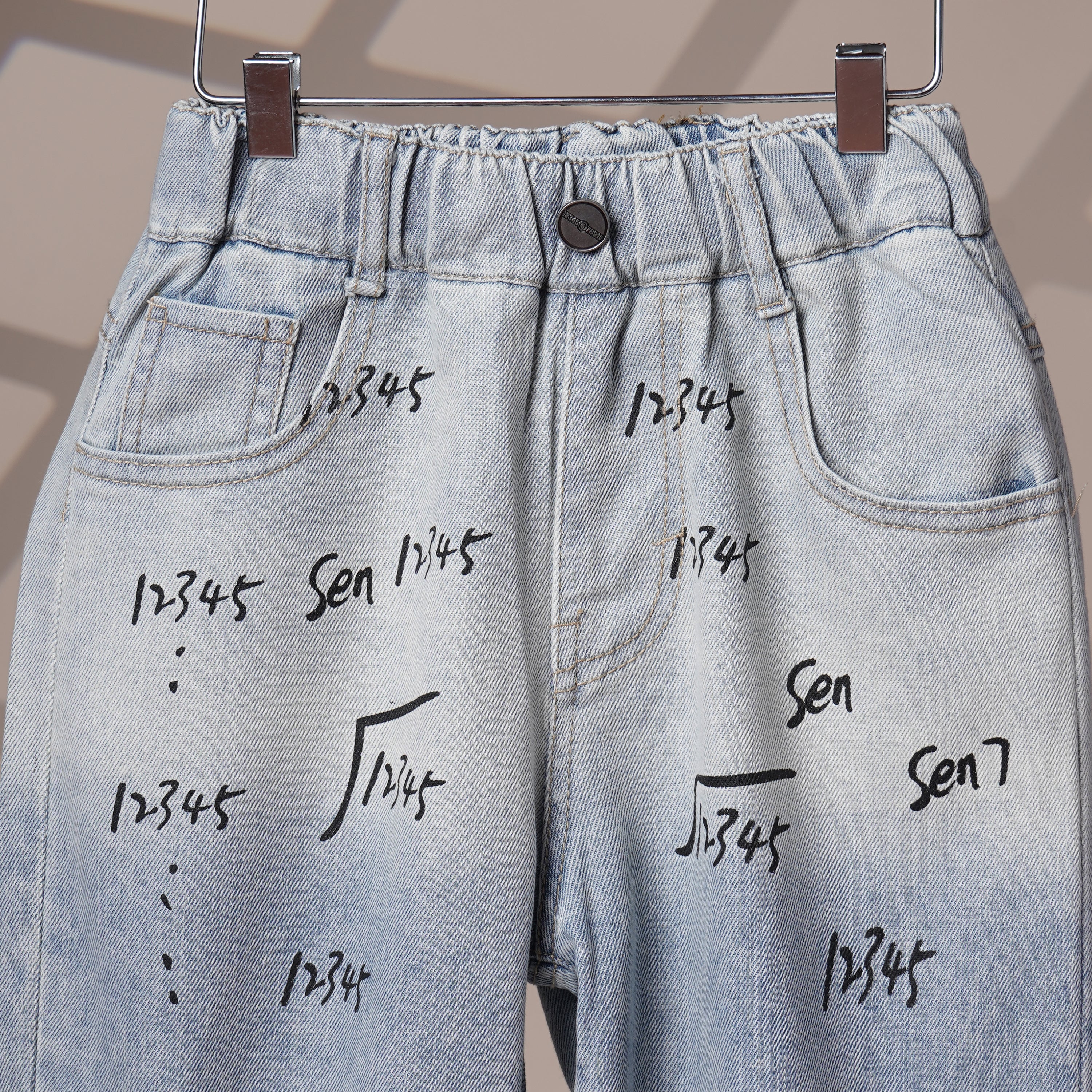 Mom N Genie Light Wash Denim Jeans with Abstract Math-Inspired Print