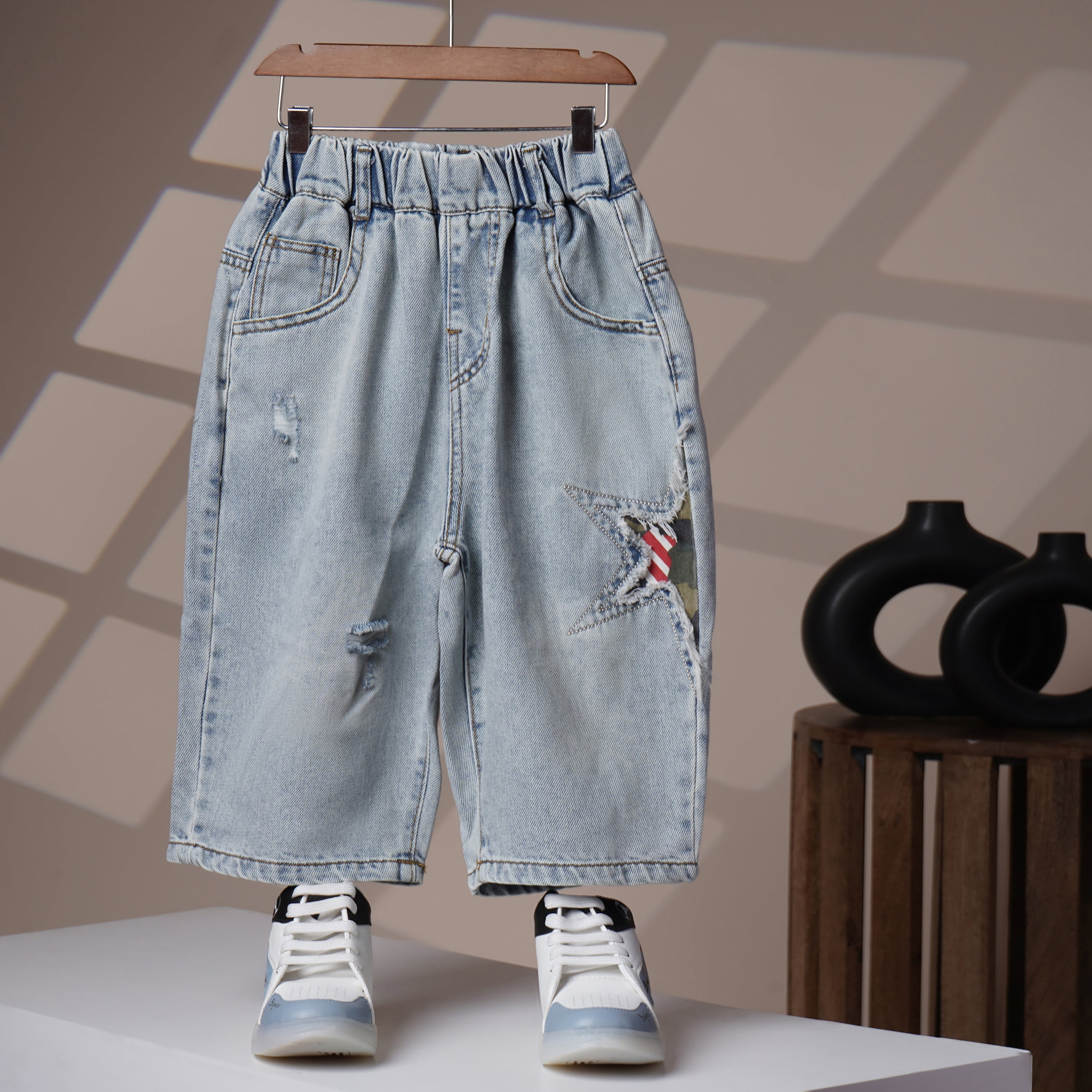 Mom N Genie Kids Light Blue Distressed Denim Jeans with Star Patch Design