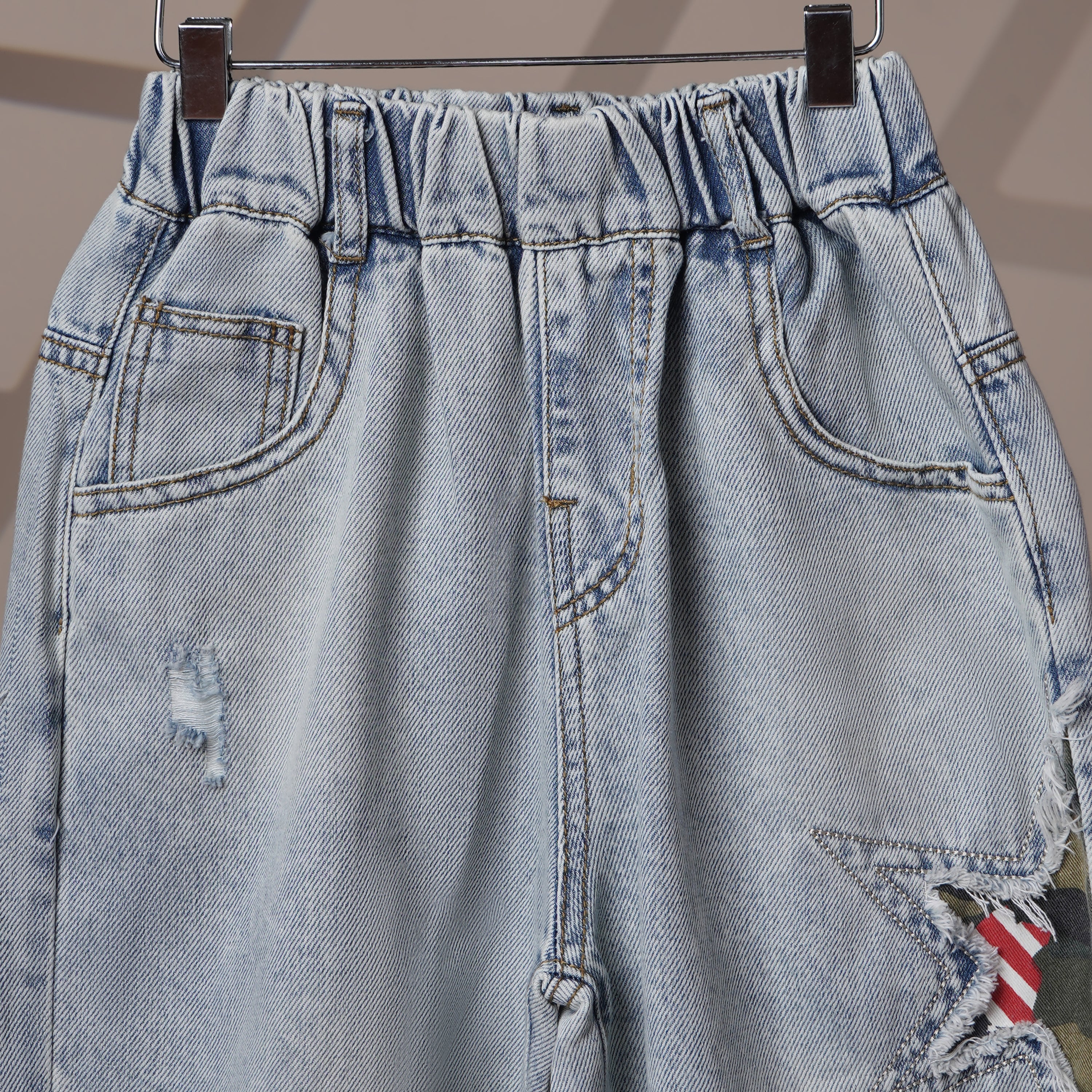 Mom N Genie Kids Light Blue Distressed Denim Jeans with Star Patch Design