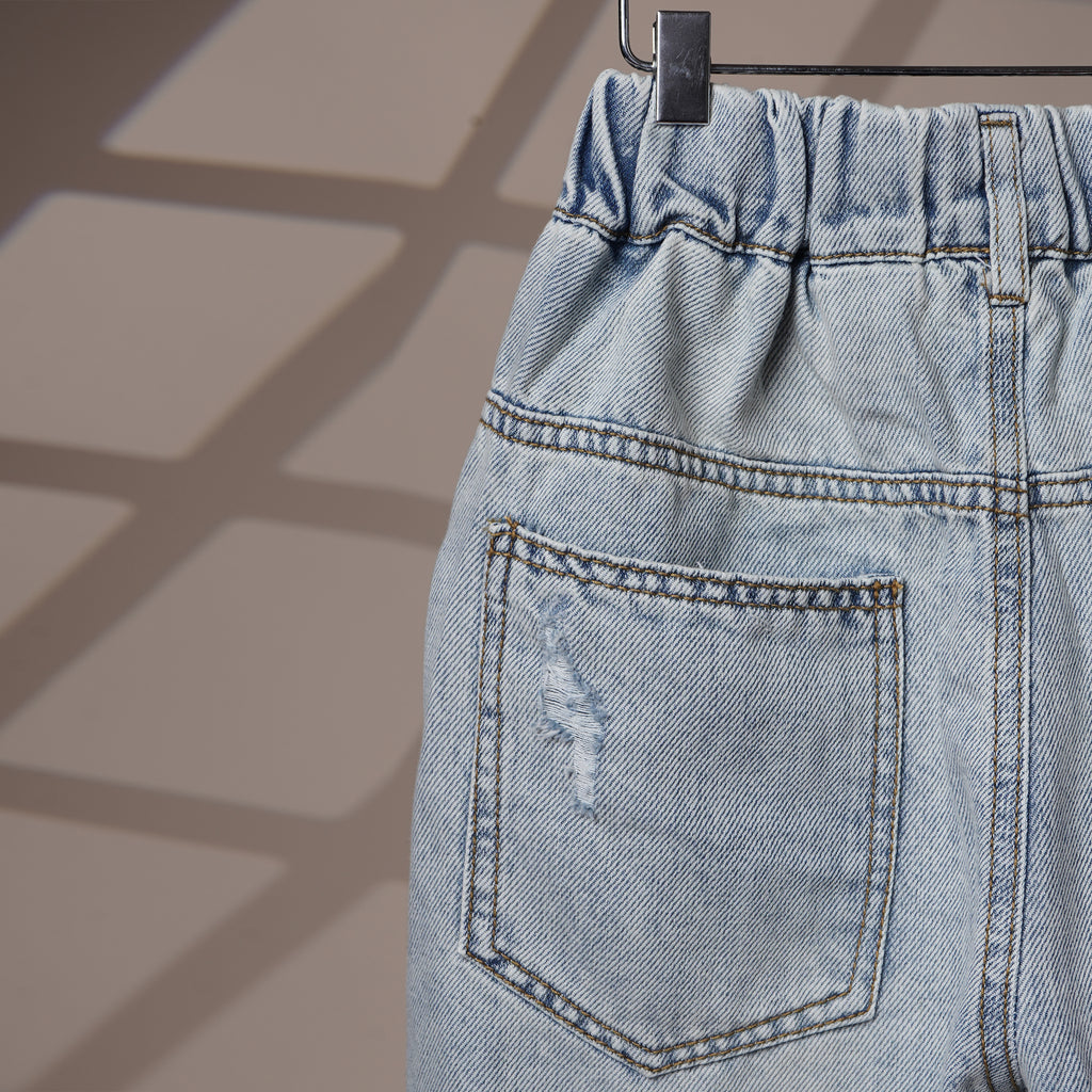 Mom N Genie Kids Light Blue Distressed Denim Jeans with Star Patch Design