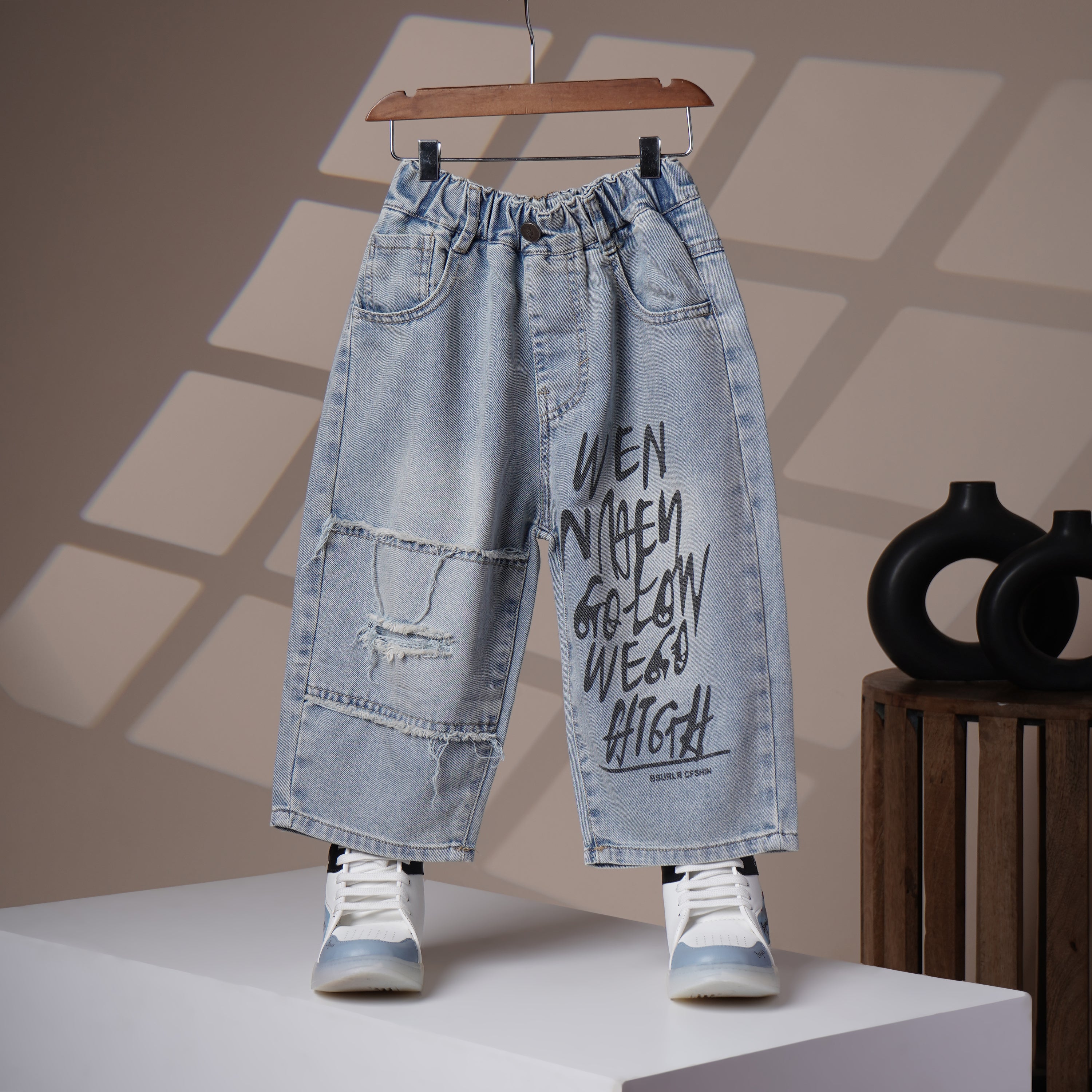 Mom N Genie Light Blue Distressed Denim Jeans with Graffiti Print & Elastic Waistband