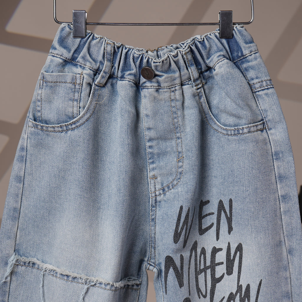 Mom N Genie Light Blue Distressed Denim Jeans with Graffiti Print & Elastic Waistband