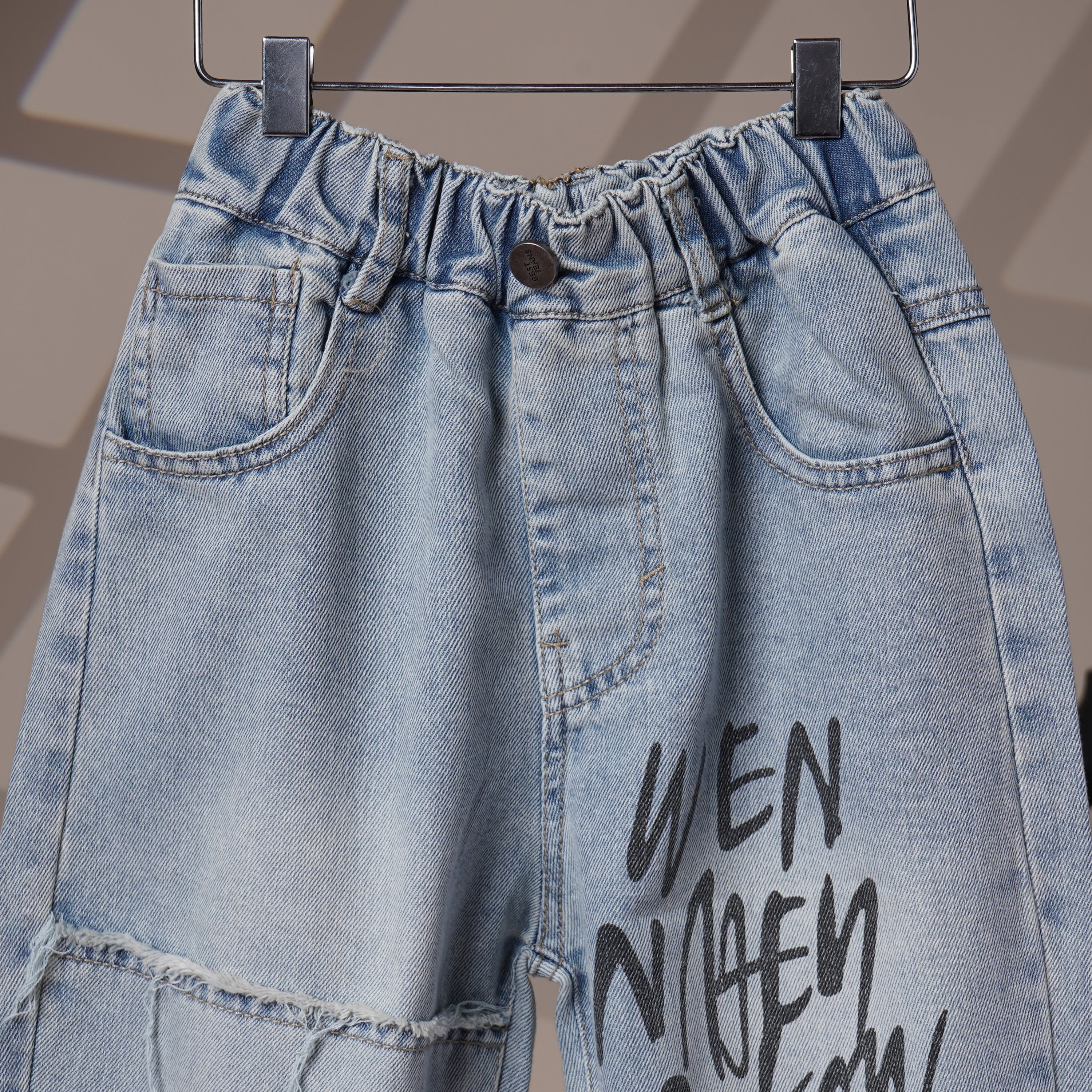 Mom N Genie Light Blue Distressed Denim Jeans with Graffiti Print & Elastic Waistband