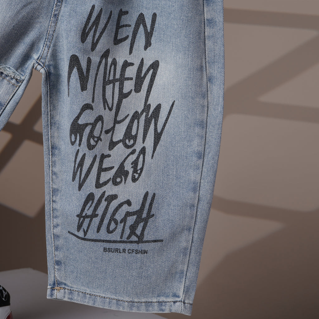 Mom N Genie Light Blue Distressed Denim Jeans with Graffiti Print & Elastic Waistband