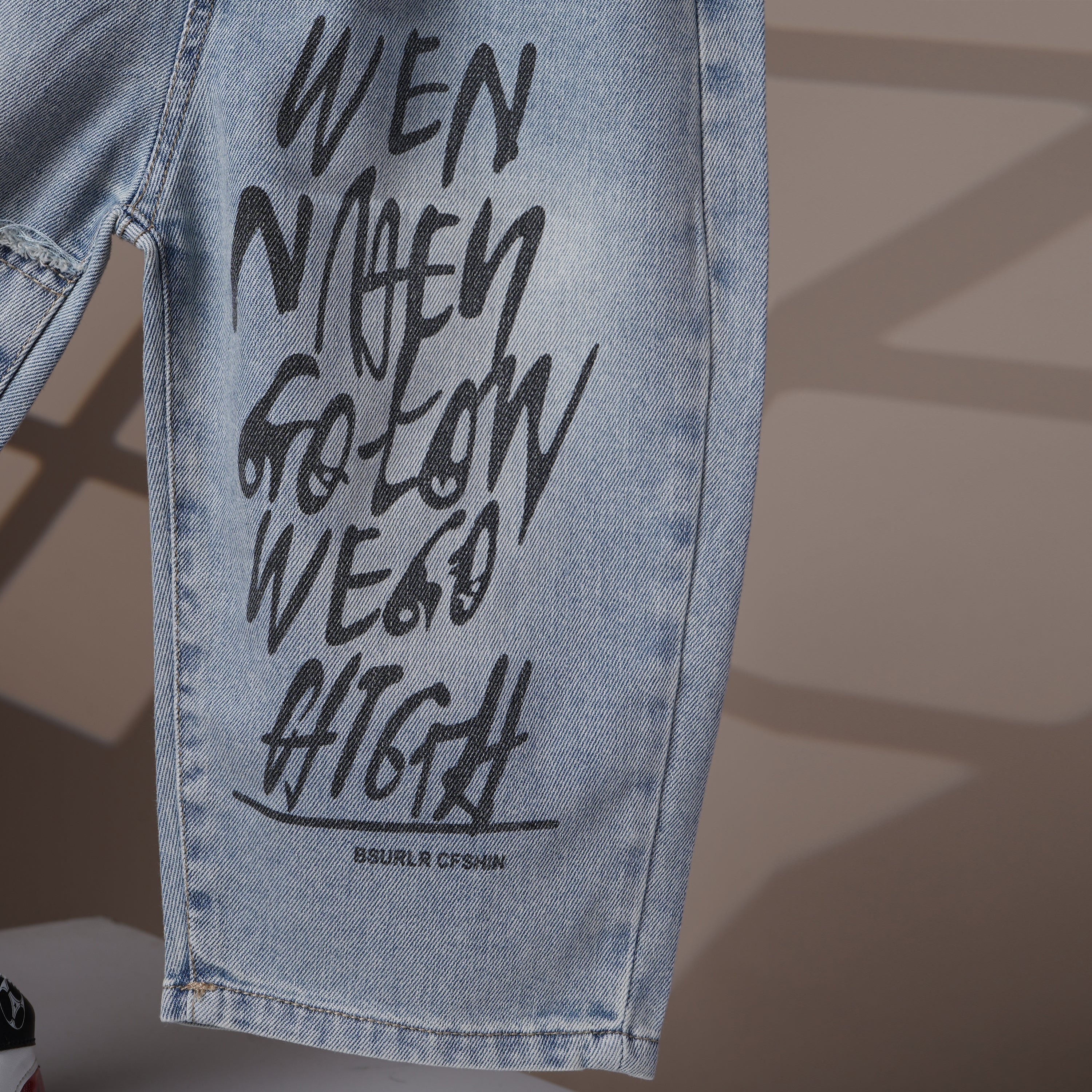 Mom N Genie Light Blue Distressed Denim Jeans with Graffiti Print & Elastic Waistband