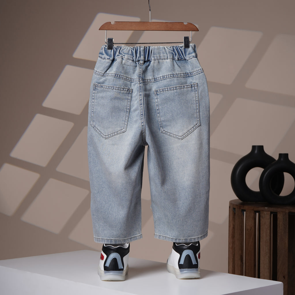Mom N Genie Light Blue Distressed Denim Jeans with Graffiti Print & Elastic Waistband
