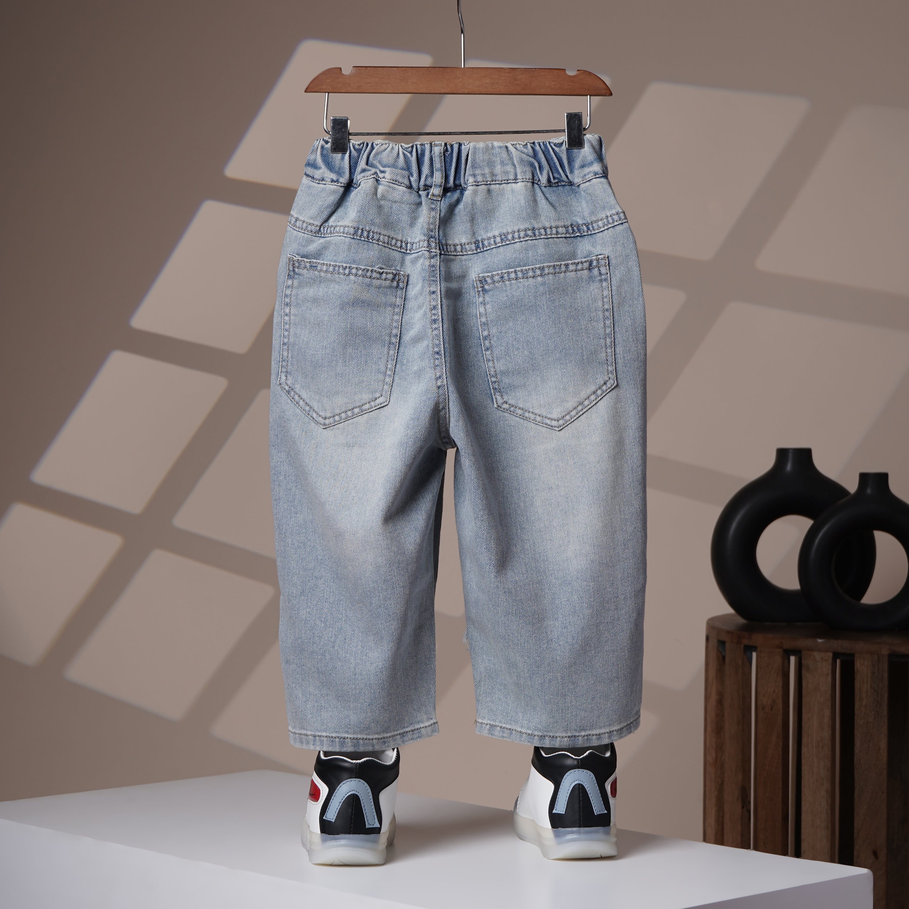 Mom N Genie Light Blue Distressed Denim Jeans with Graffiti Print & Elastic Waistband