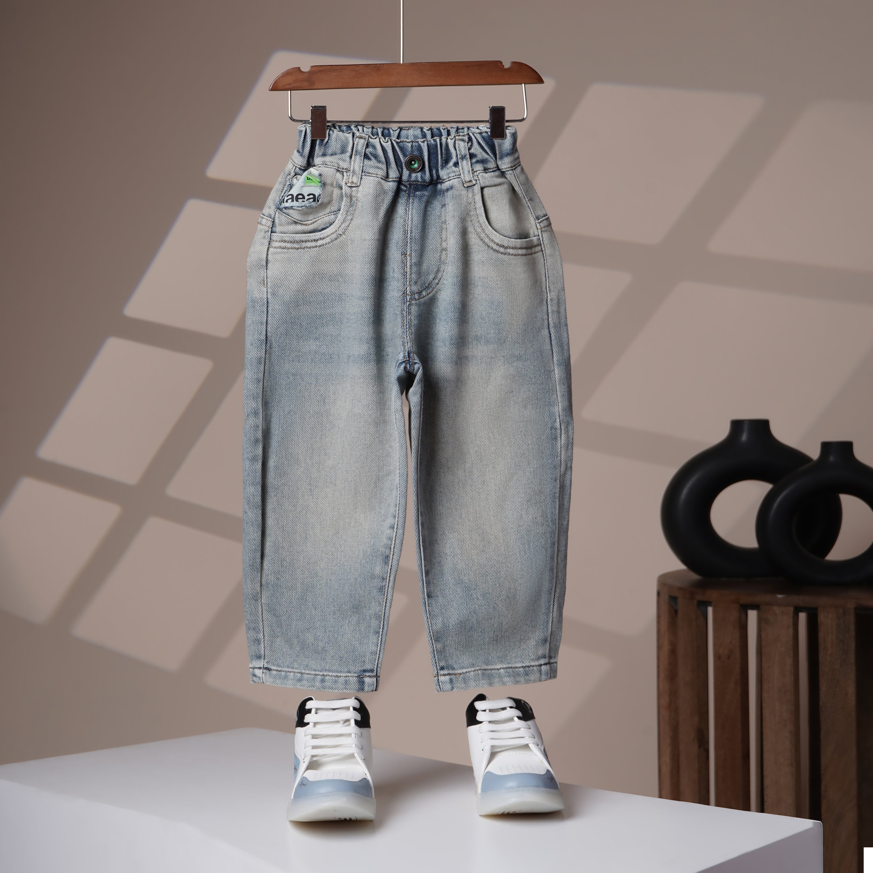 Mom N Genie Trendy Boys Denim Trousers with Stylish Embroidery