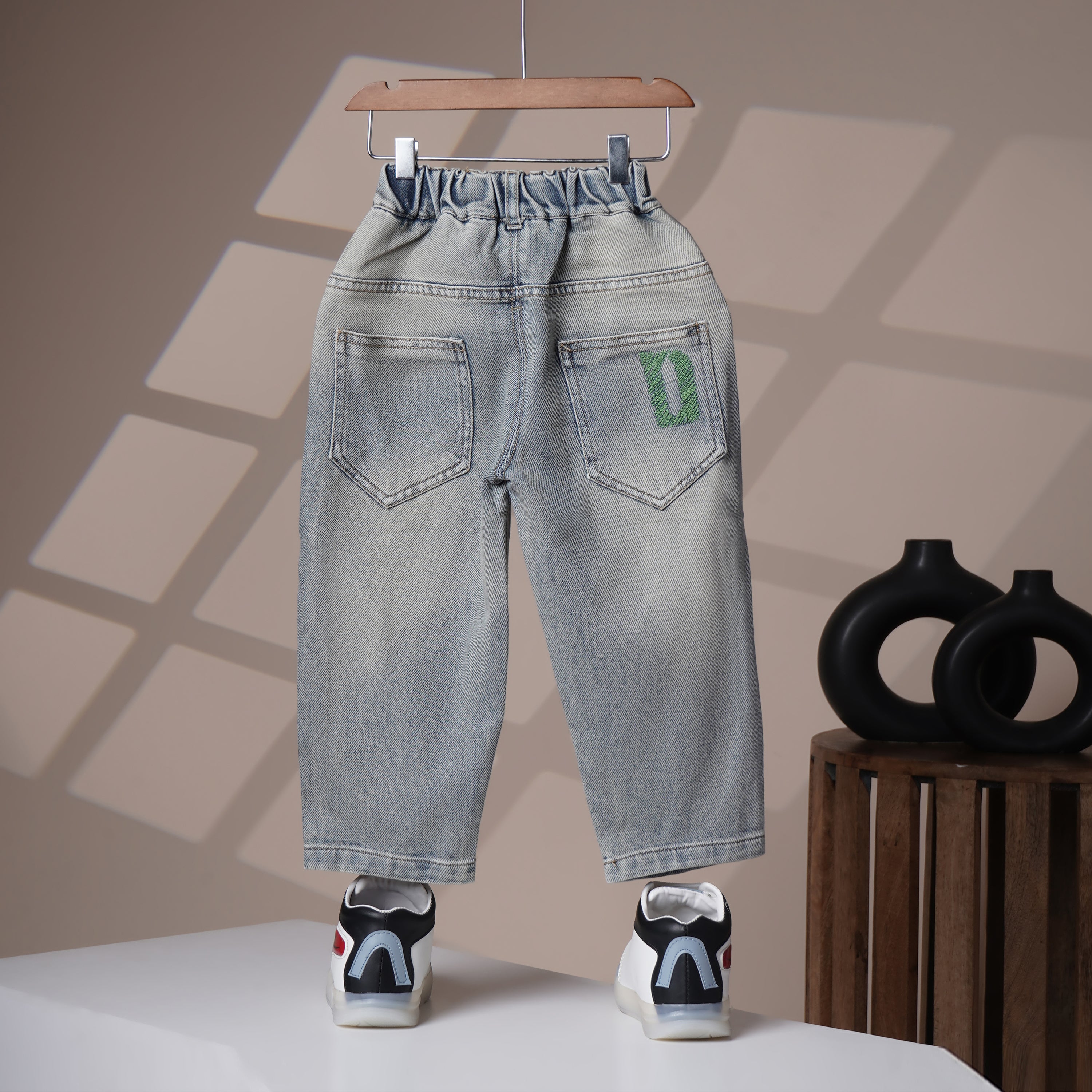 Mom N Genie Trendy Boys Denim Trousers with Stylish Embroidery