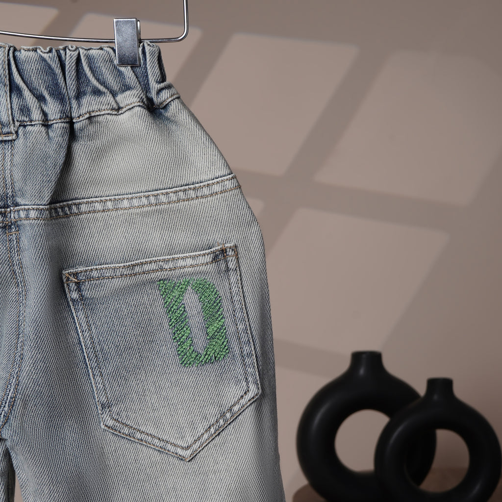 Mom N Genie Trendy Boys Denim Trousers with Stylish Embroidery