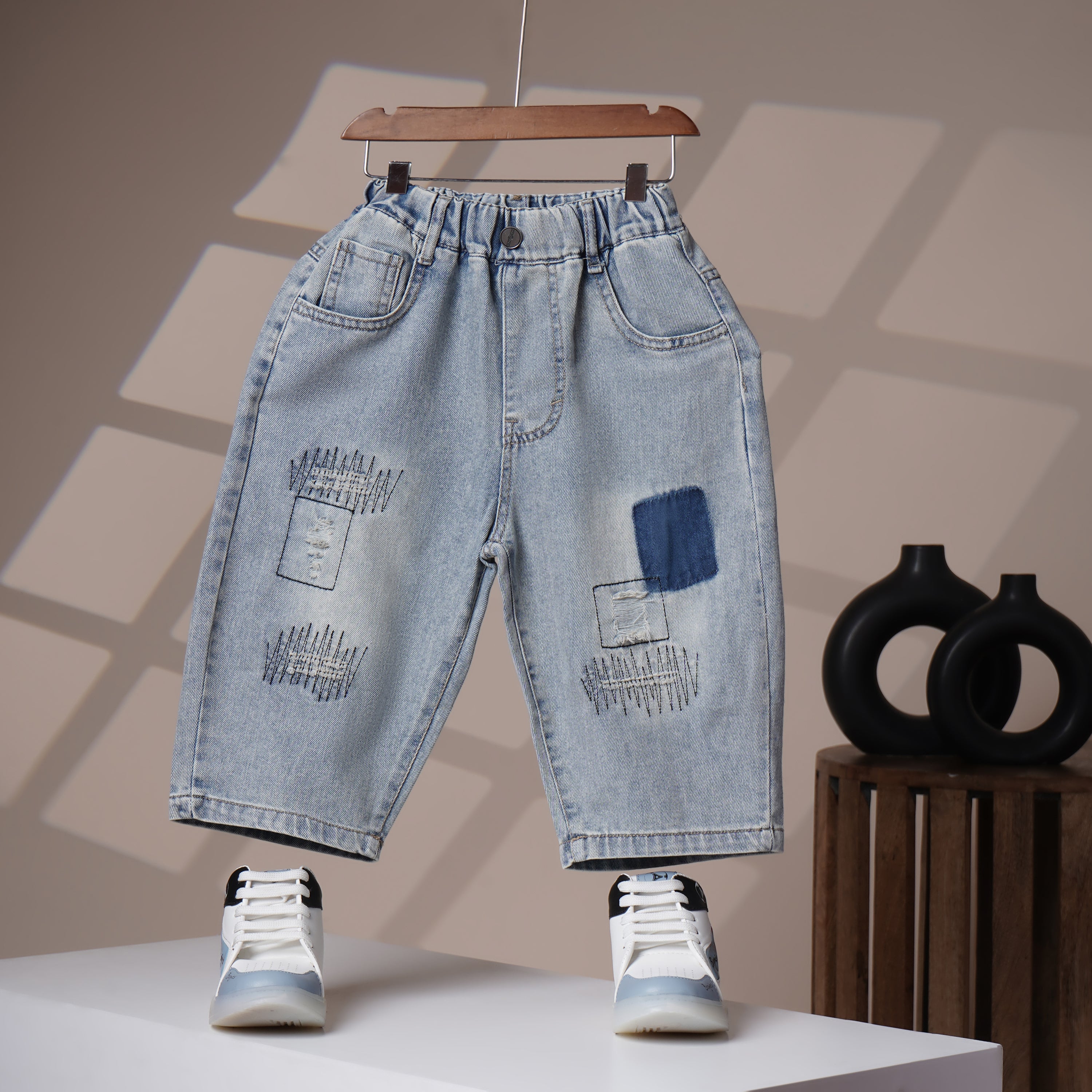 Mom N Genie Boy's Light Blue Patchwork Denim Jeans