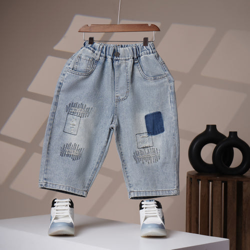 Mom N Genie Boy's Light Blue Patchwork Denim Jeans