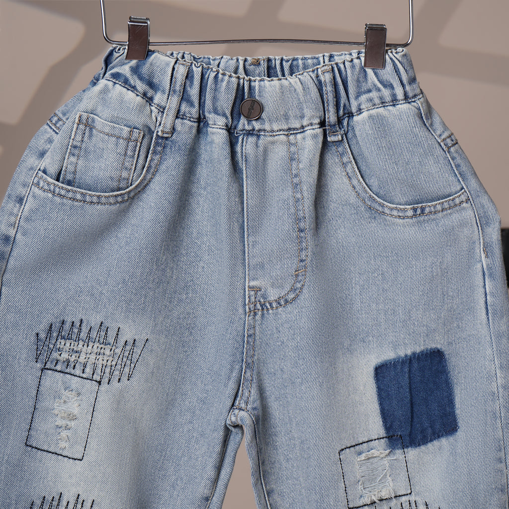 Mom N Genie Boy's Light Blue Patchwork Denim Jeans