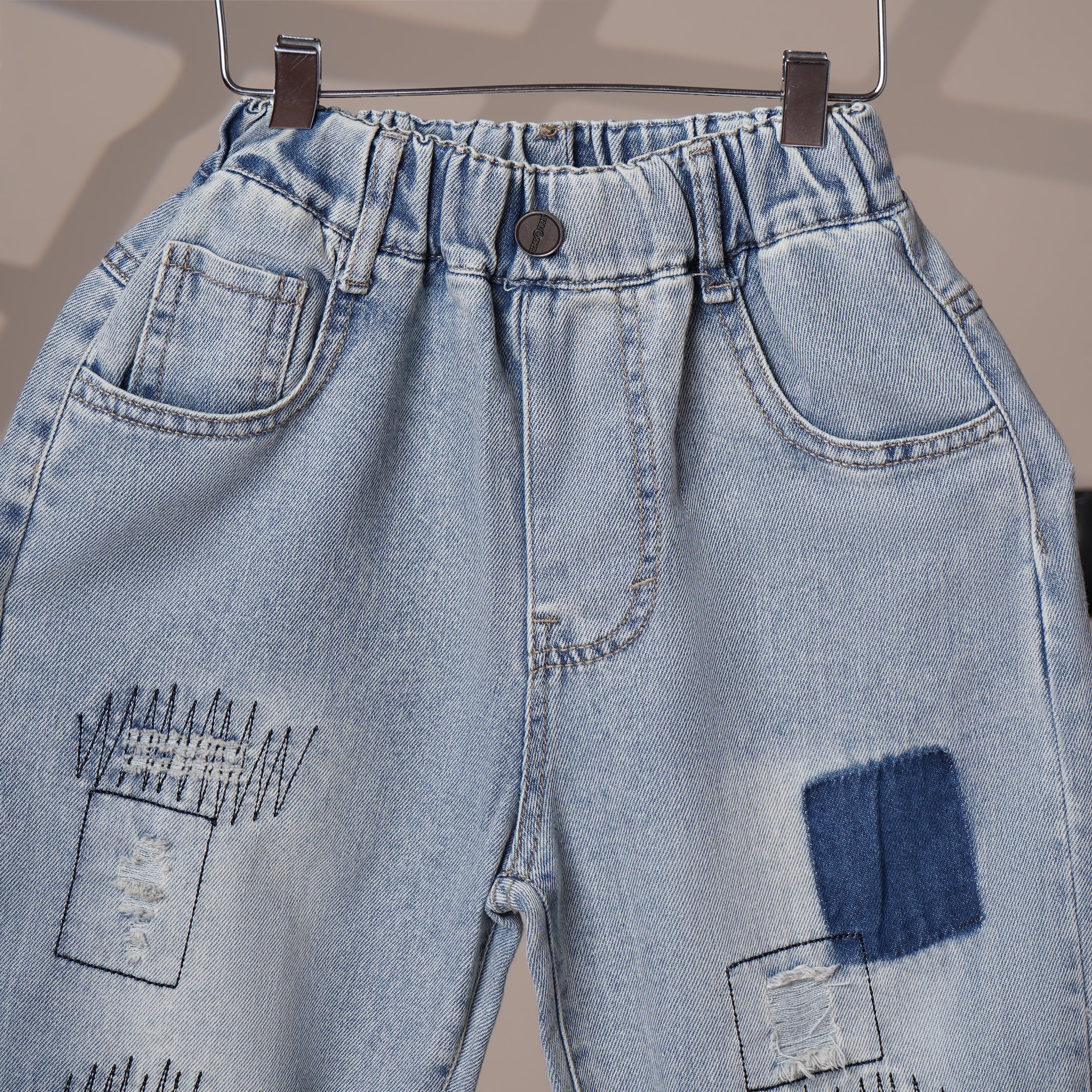 Mom N Genie Boy's Light Blue Patchwork Denim Jeans